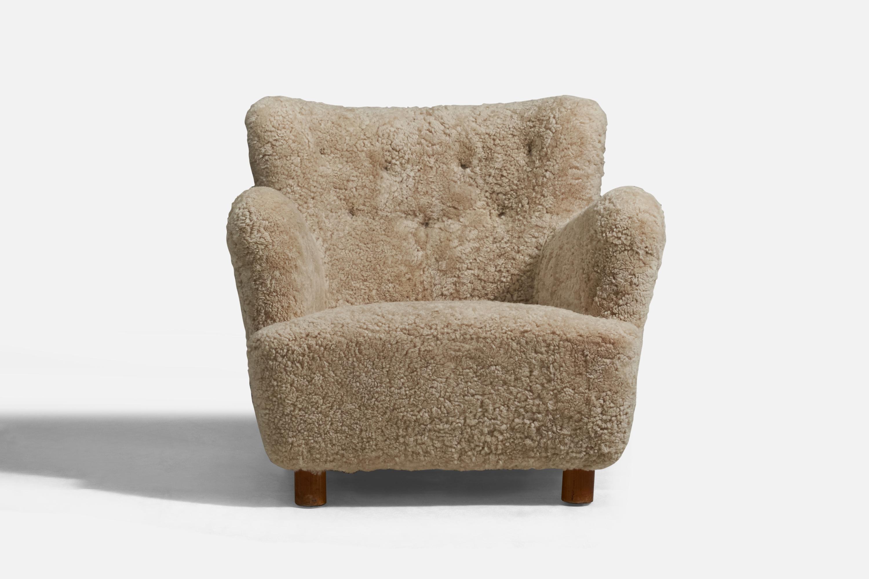 Danish Designer, Lounge Chair, Shearling, Beech, Denmark, 1940s 1
