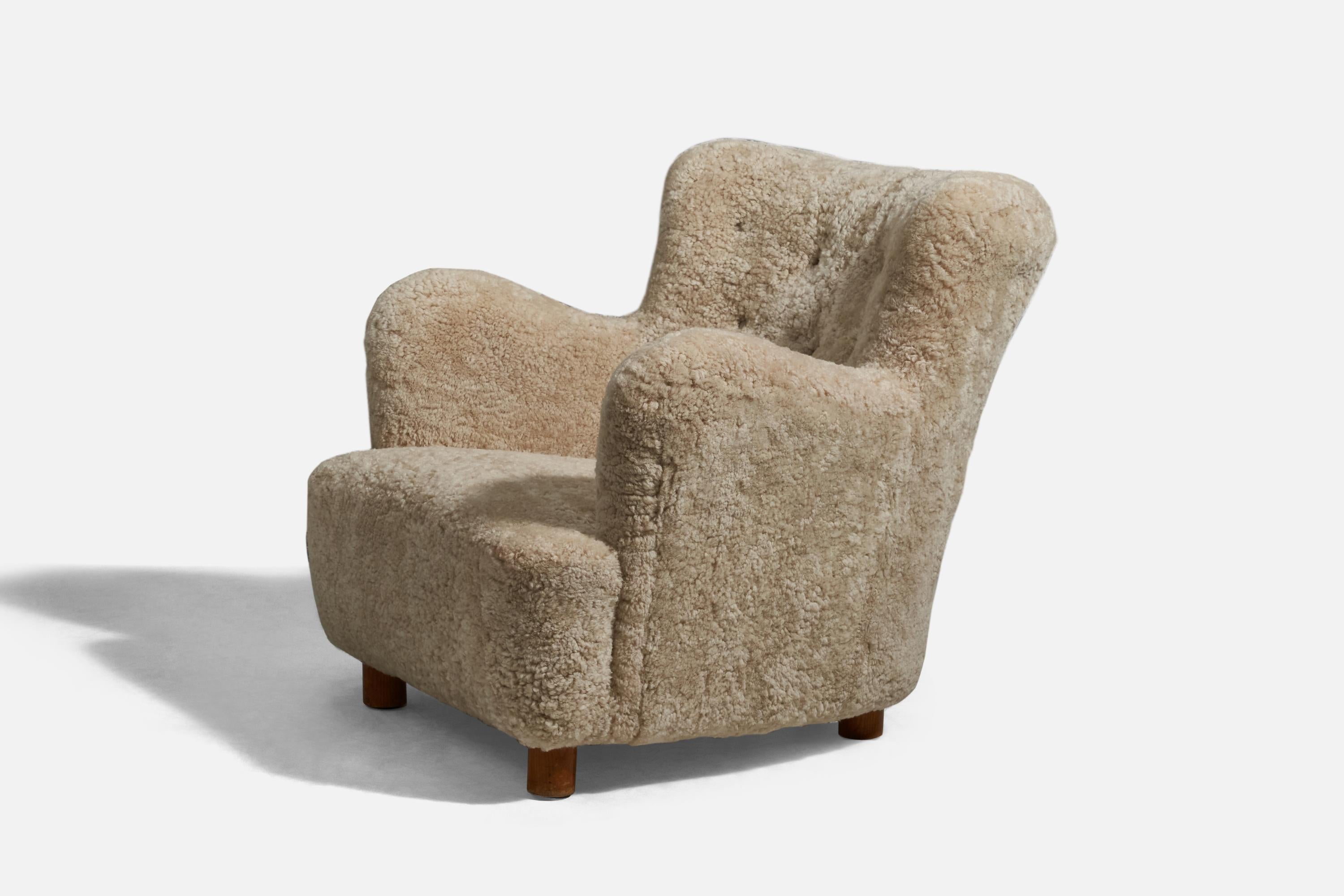 Danish Designer, Lounge Chair, Shearling, Beech, Denmark, 1940s 2