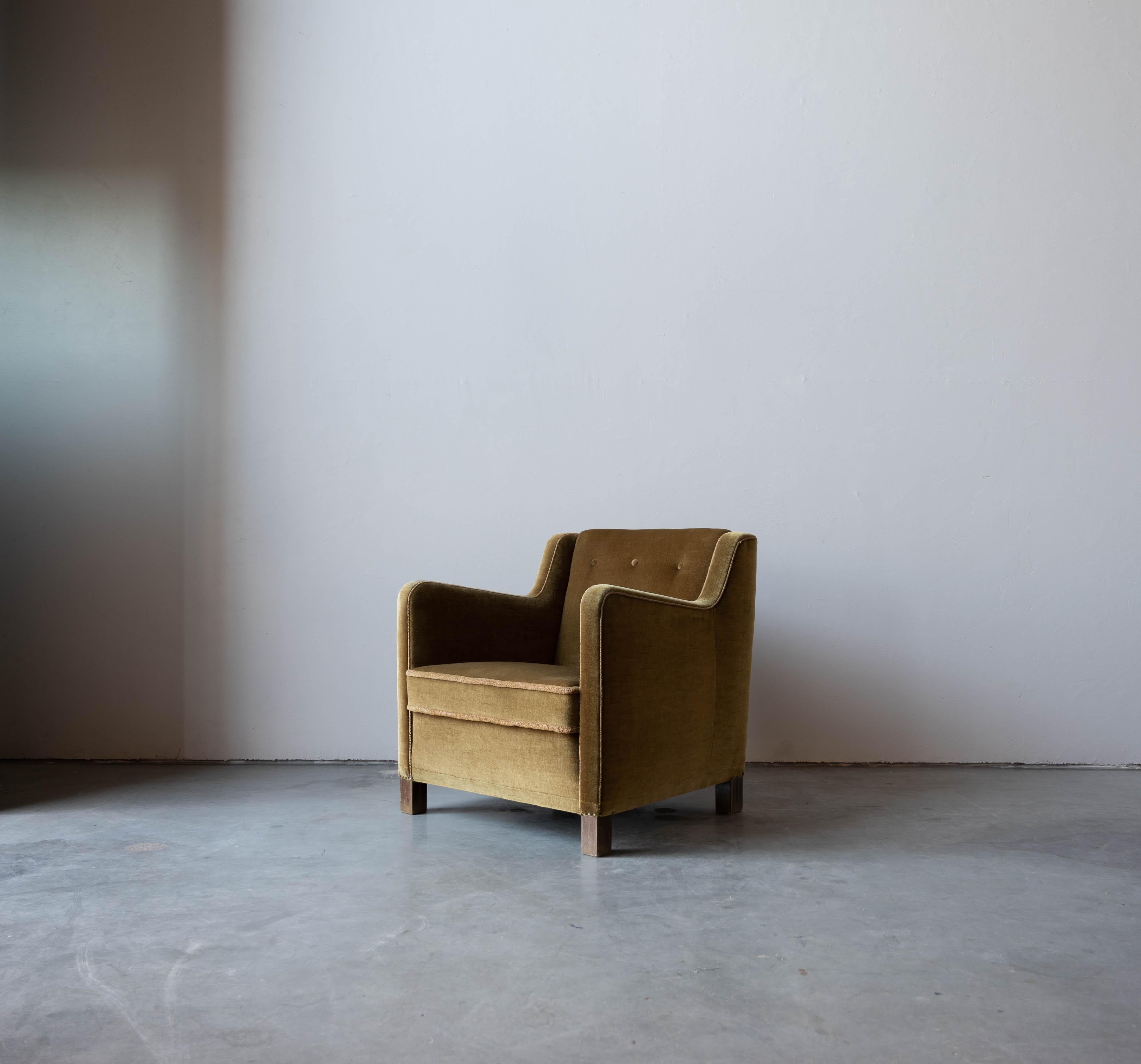 Organic Modern Danish Designer, Lounge Chair, Velvet, Wood, Denmark, 1940s
