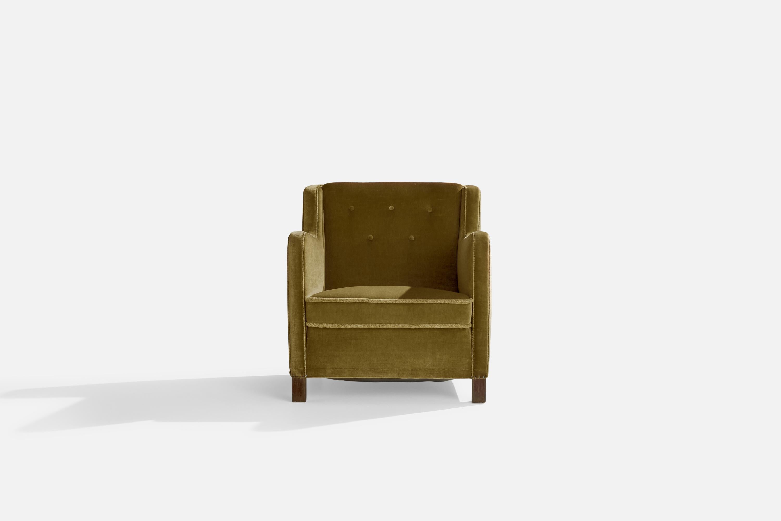 Scandinavian Modern Danish Designer, Lounge Chair, Velvet, Wood, Denmark, 1940s For Sale