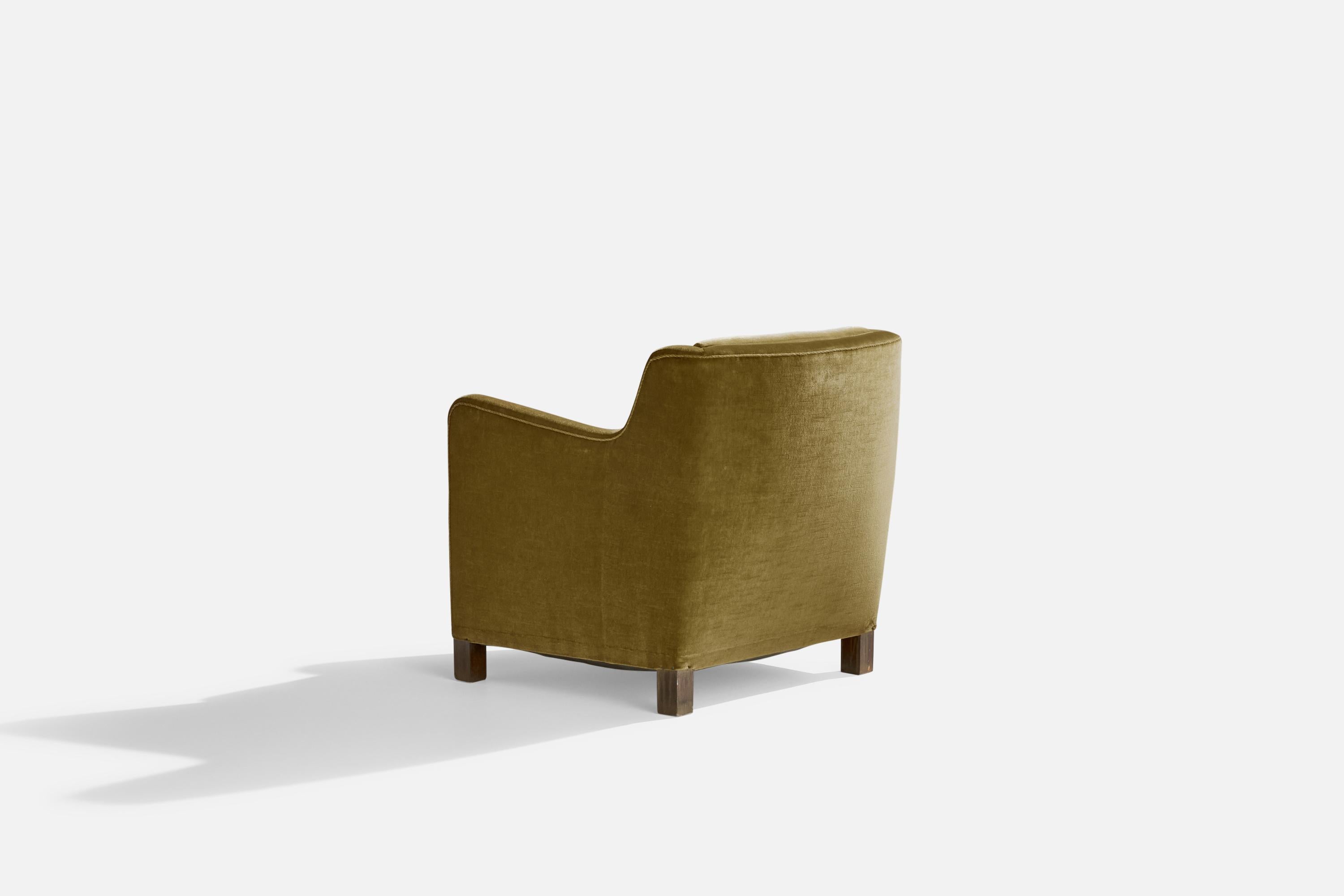 Mid-20th Century Danish Designer, Lounge Chair, Velvet, Wood, Denmark, 1940s For Sale