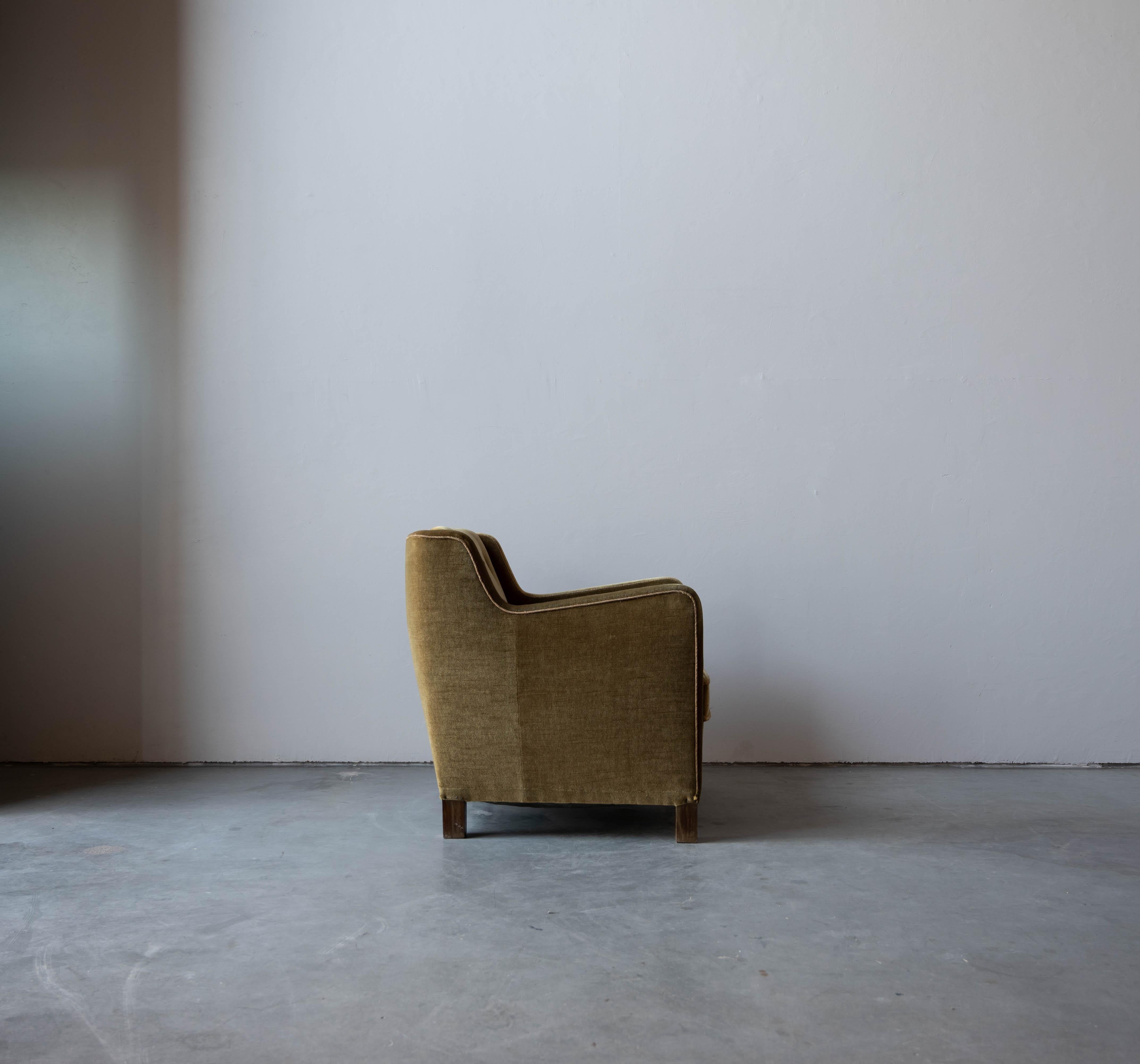 Sheepskin Danish Designer, Lounge Chair, Velvet, Wood, Denmark, 1940s