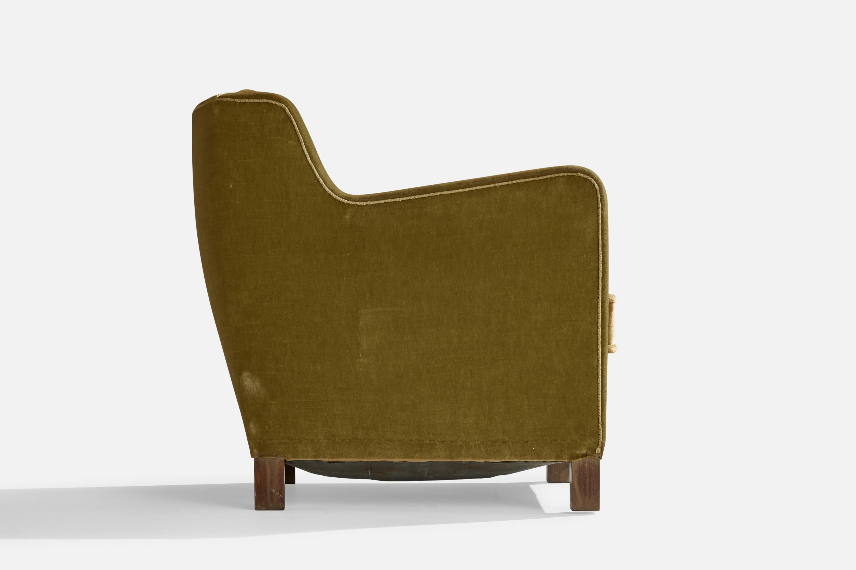 Danish Designer, Lounge Chair, Velvet, Wood, Denmark, 1940s For Sale 1