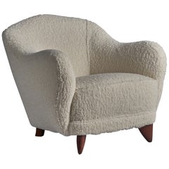 Danish Designer, Lounge Chair, Wood, Bouclé Fabric, Denmark, 1940s