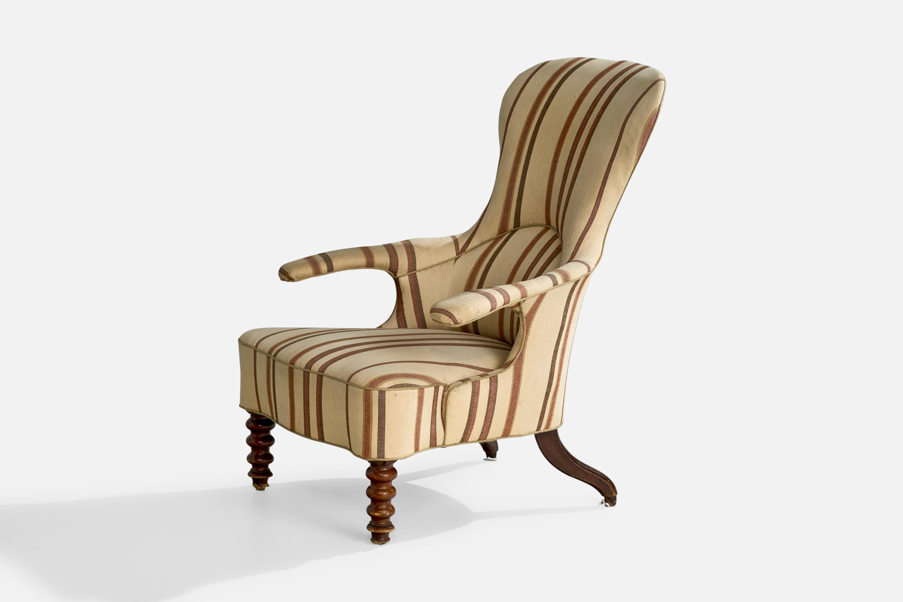 Early 20th Century Danish Designer, Lounge Chair, Wood, Fabric, Denmark, 1900s For Sale