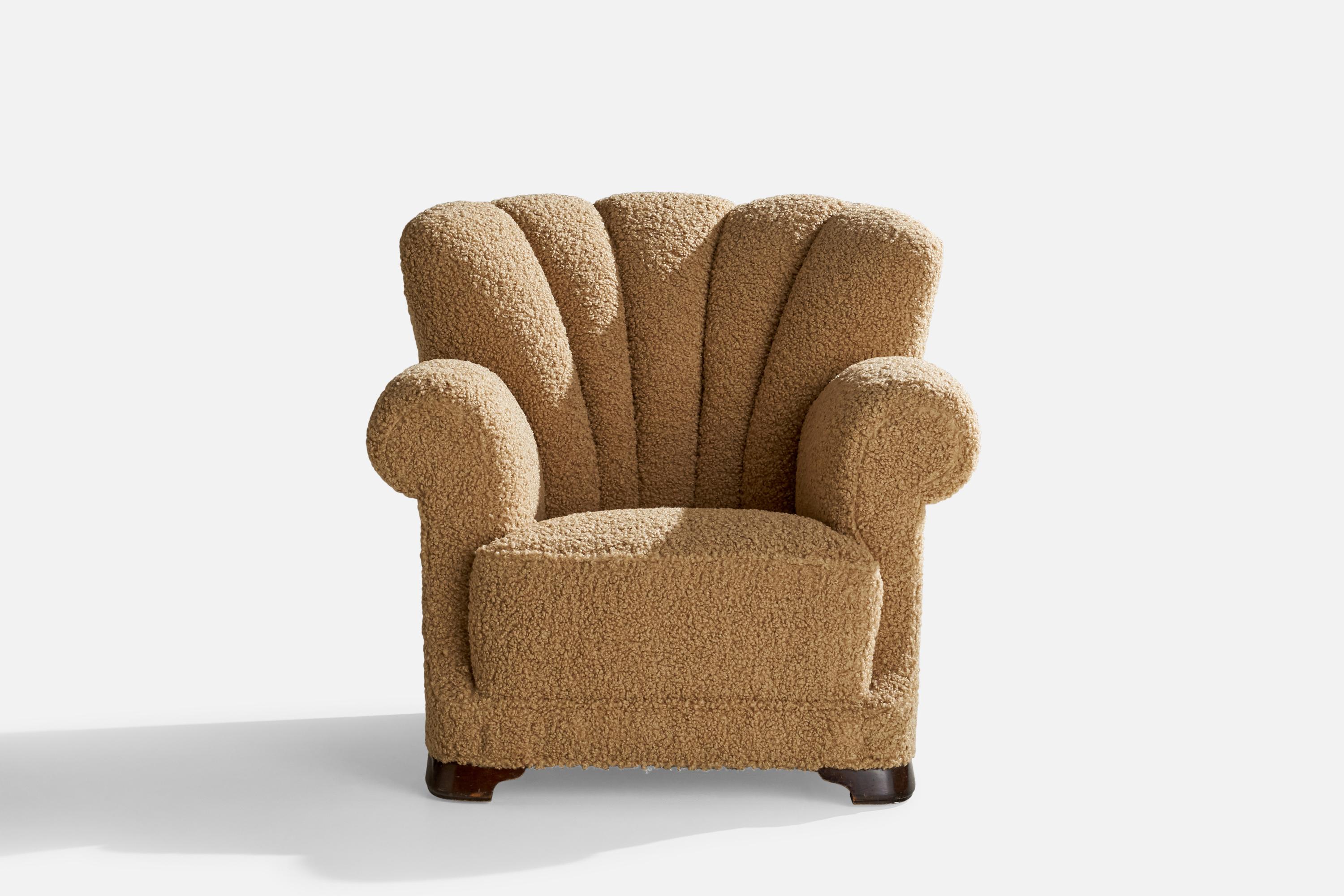 Scandinavian Modern Danish Designer, Lounge Chair, Wood, Fabric, Denmark, 1930s For Sale