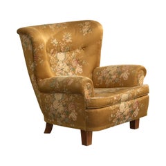 Danish Designer, Lounge Chair, Wood, Fabric, Denmark, 1940s