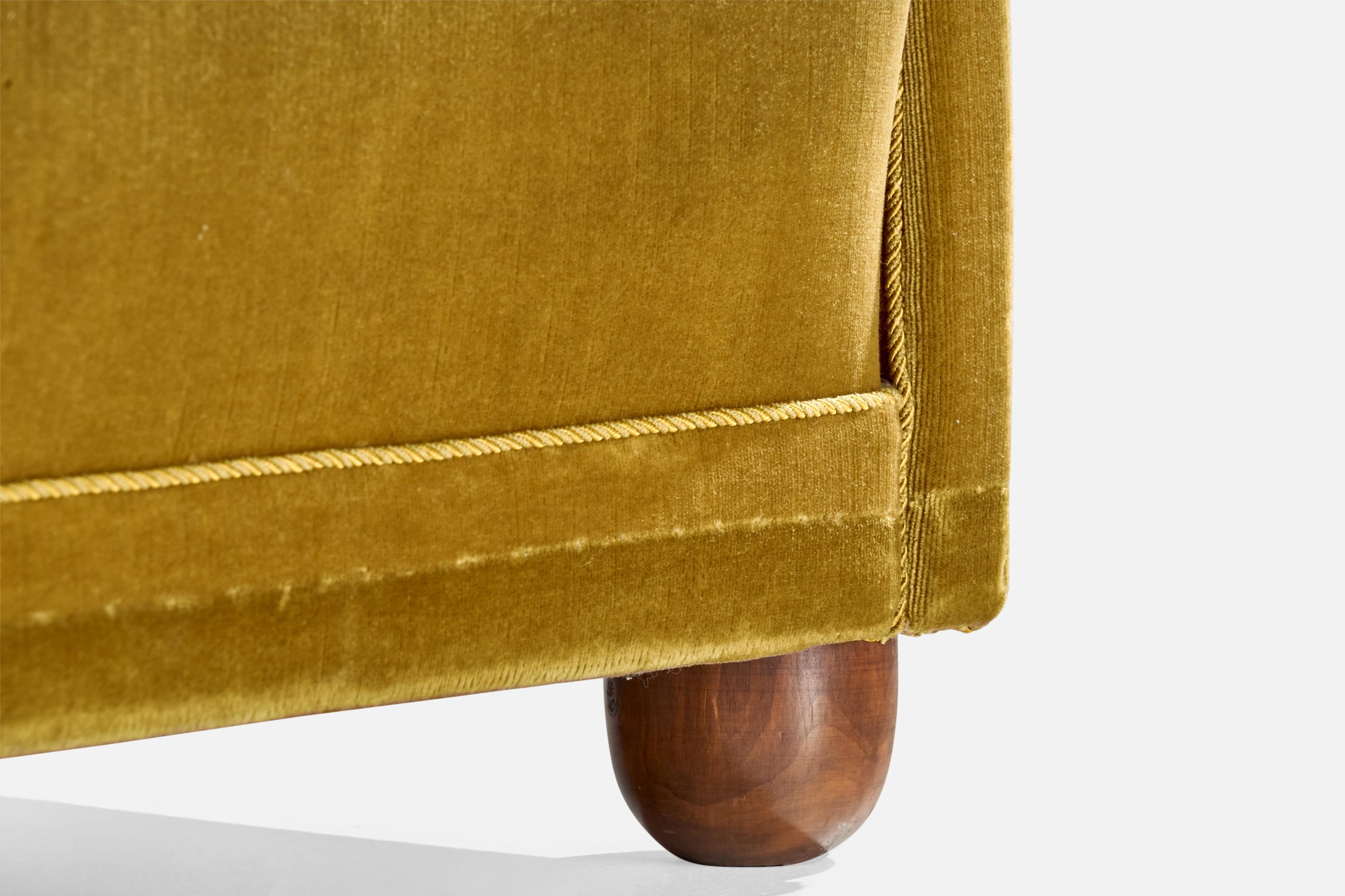 Danish Designer, Lounge Chair, Wood, Velvet, Denmark, 1940s In Fair Condition For Sale In High Point, NC