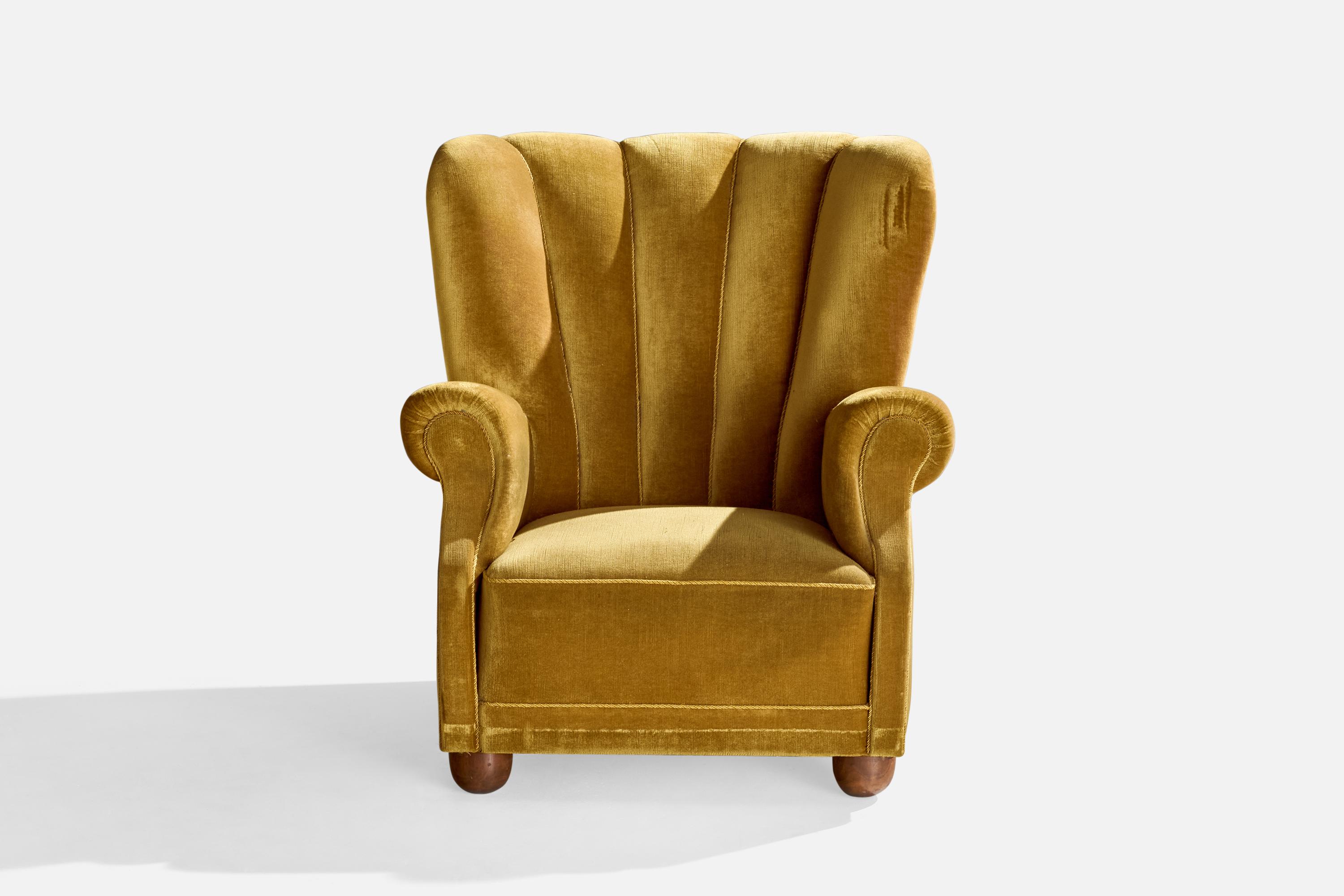 Mid-20th Century Danish Designer, Lounge Chair, Wood, Velvet, Denmark, 1940s For Sale
