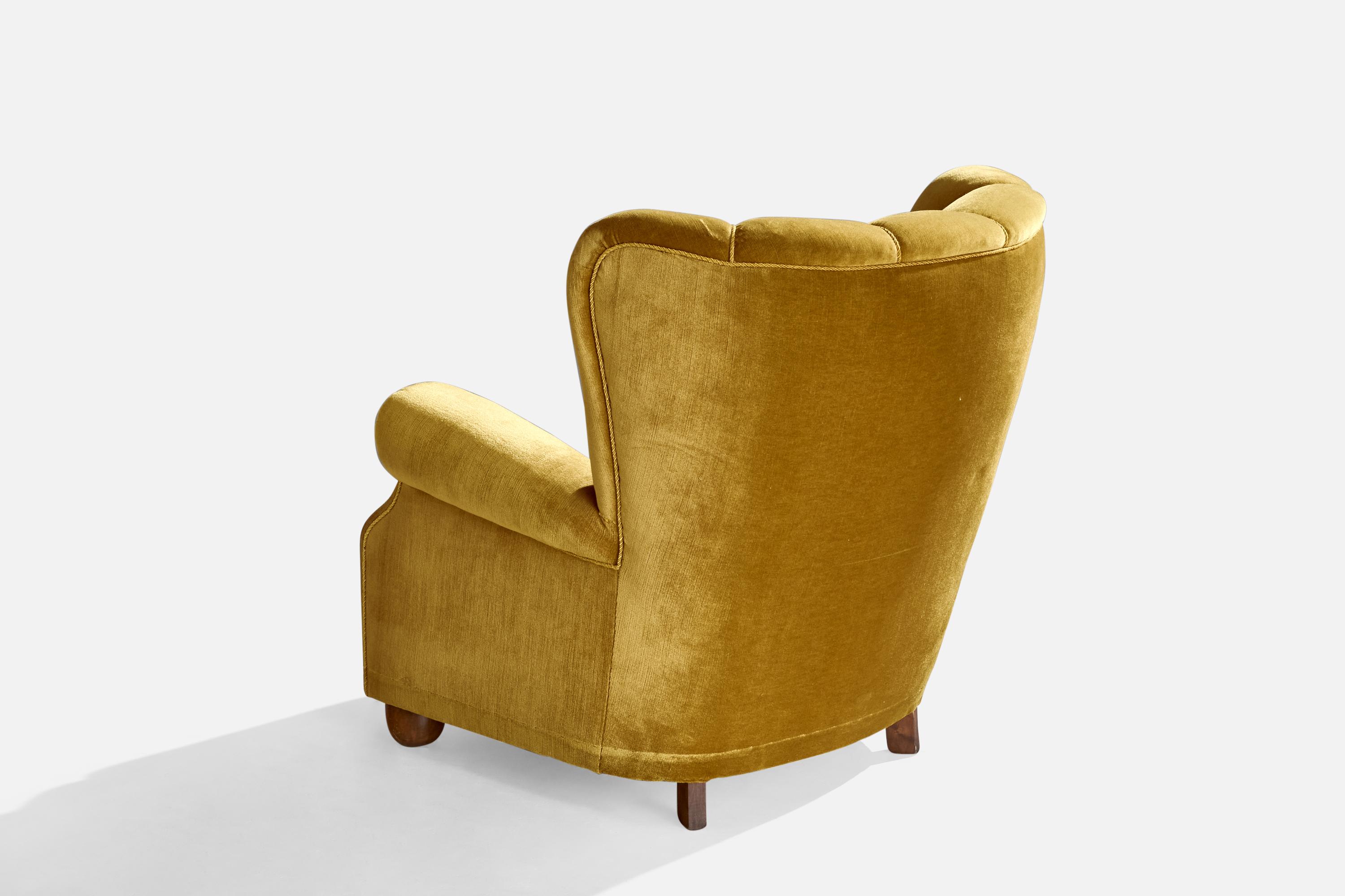 Danish Designer, Lounge Chair, Wood, Velvet, Denmark, 1940s For Sale 2