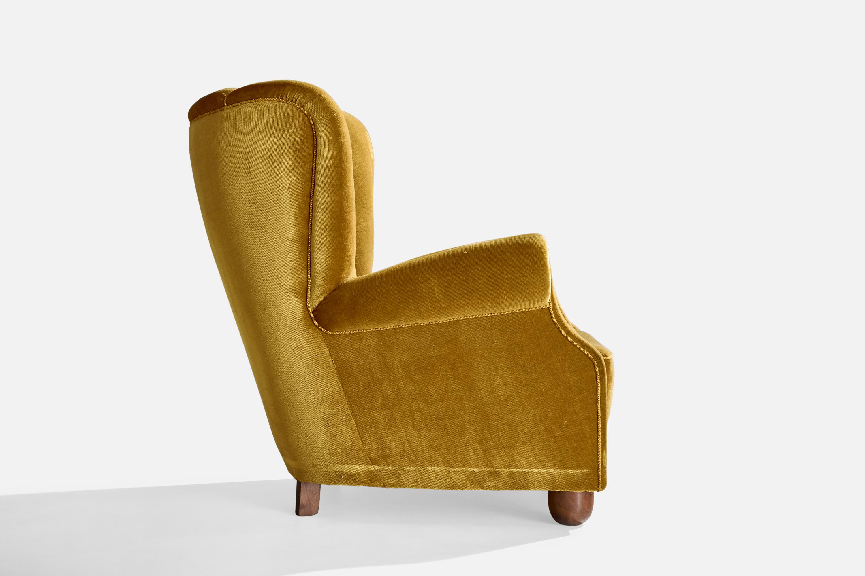Danish Designer, Lounge Chair, Wood, Velvet, Denmark, 1940s For Sale 3