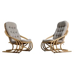 Danish Designer, Lounge Chairs, Bamboo, Fabric, Denmark, 1980s