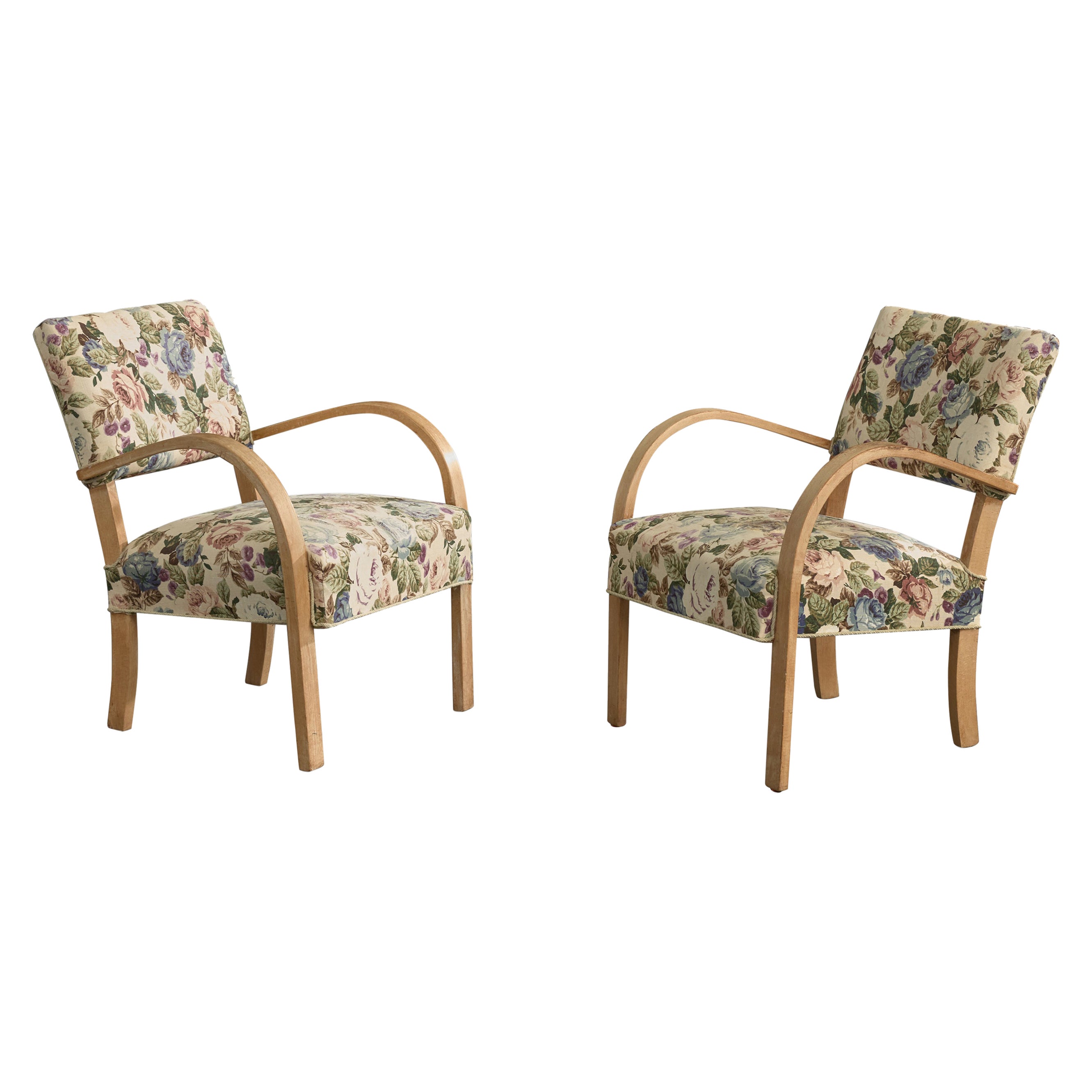 Danish Designer, Lounge Chairs, Beech, Fabric, Denmark, 1940s For Sale