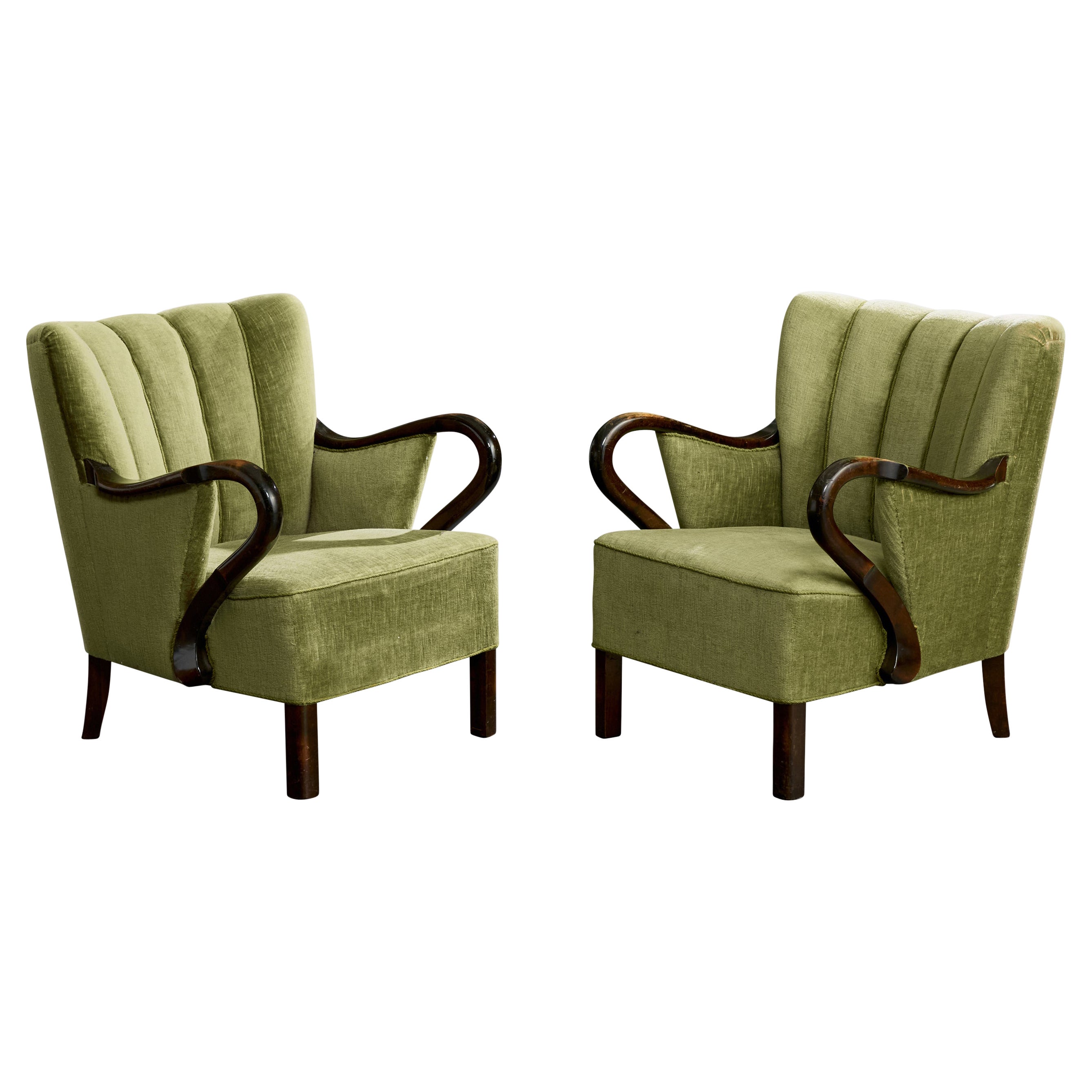 Danish Designer, Lounge Chairs, Beech, Velvet, Denmark, 1940s