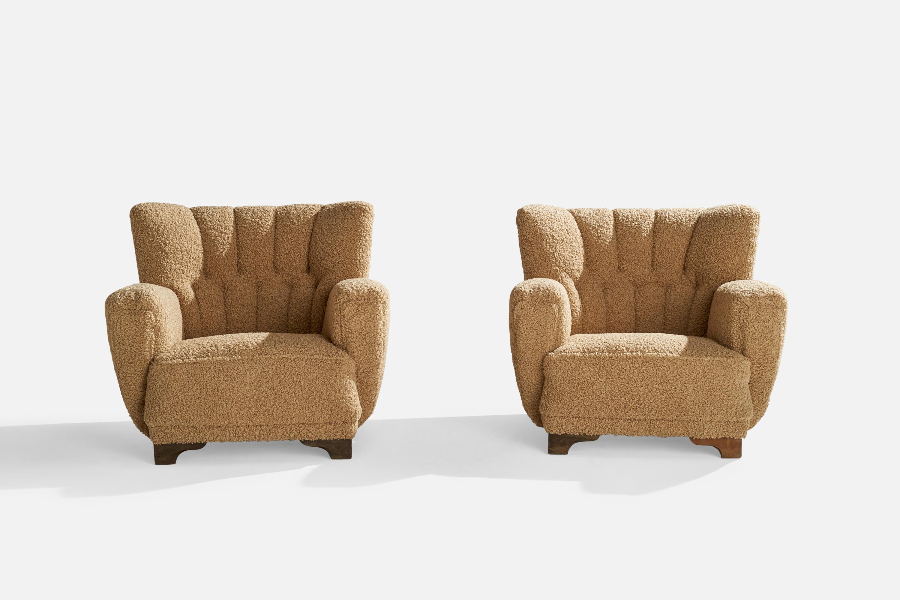 Mid-20th Century Danish Designer, Lounge Chairs, Fabric, Oak, Denmark, 1940s For Sale