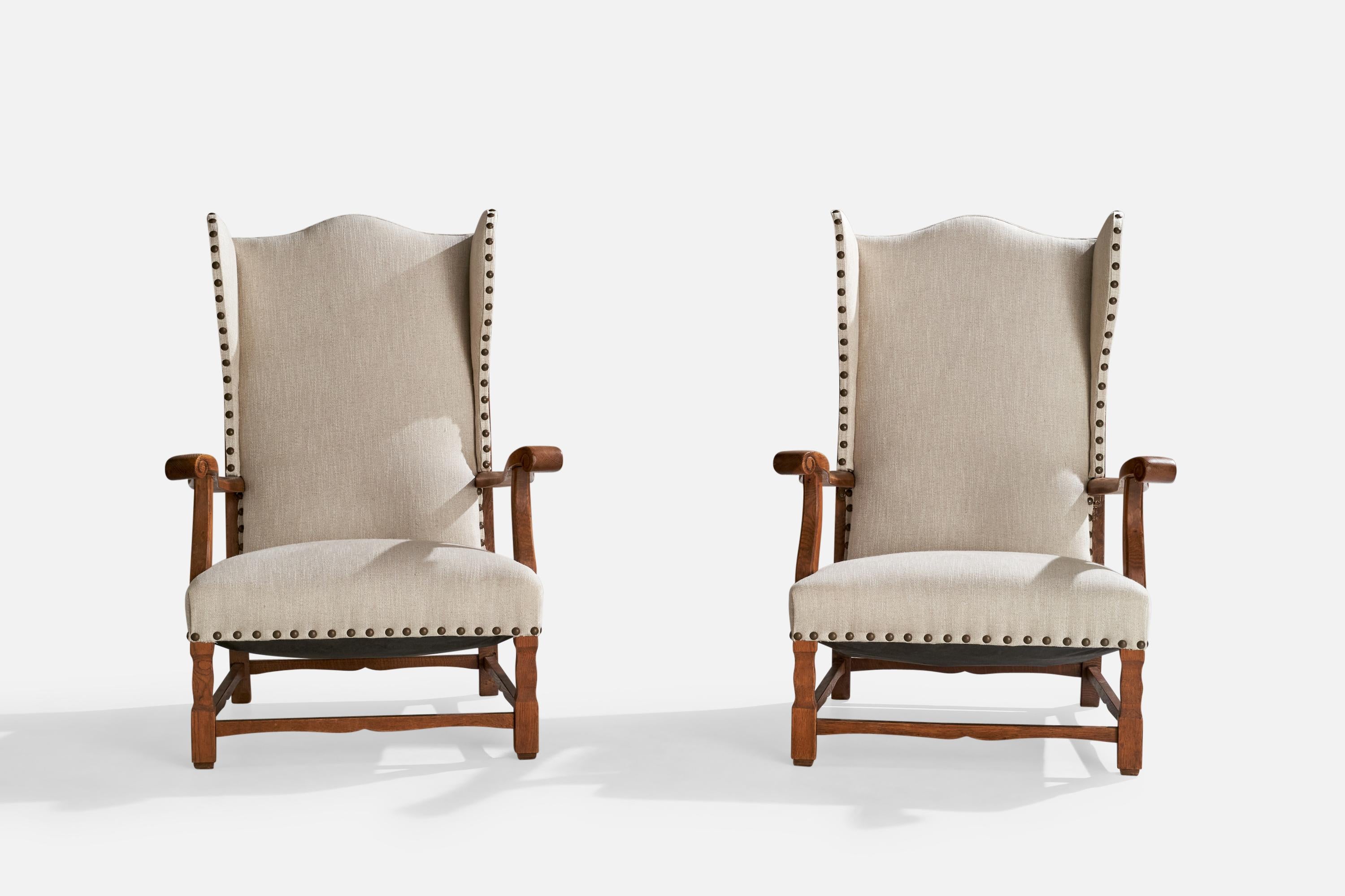 Dänische Designerin, Loungesessel, Eiche, Stoff, Messing, Dänemark, 1920er Jahre im Angebot 7