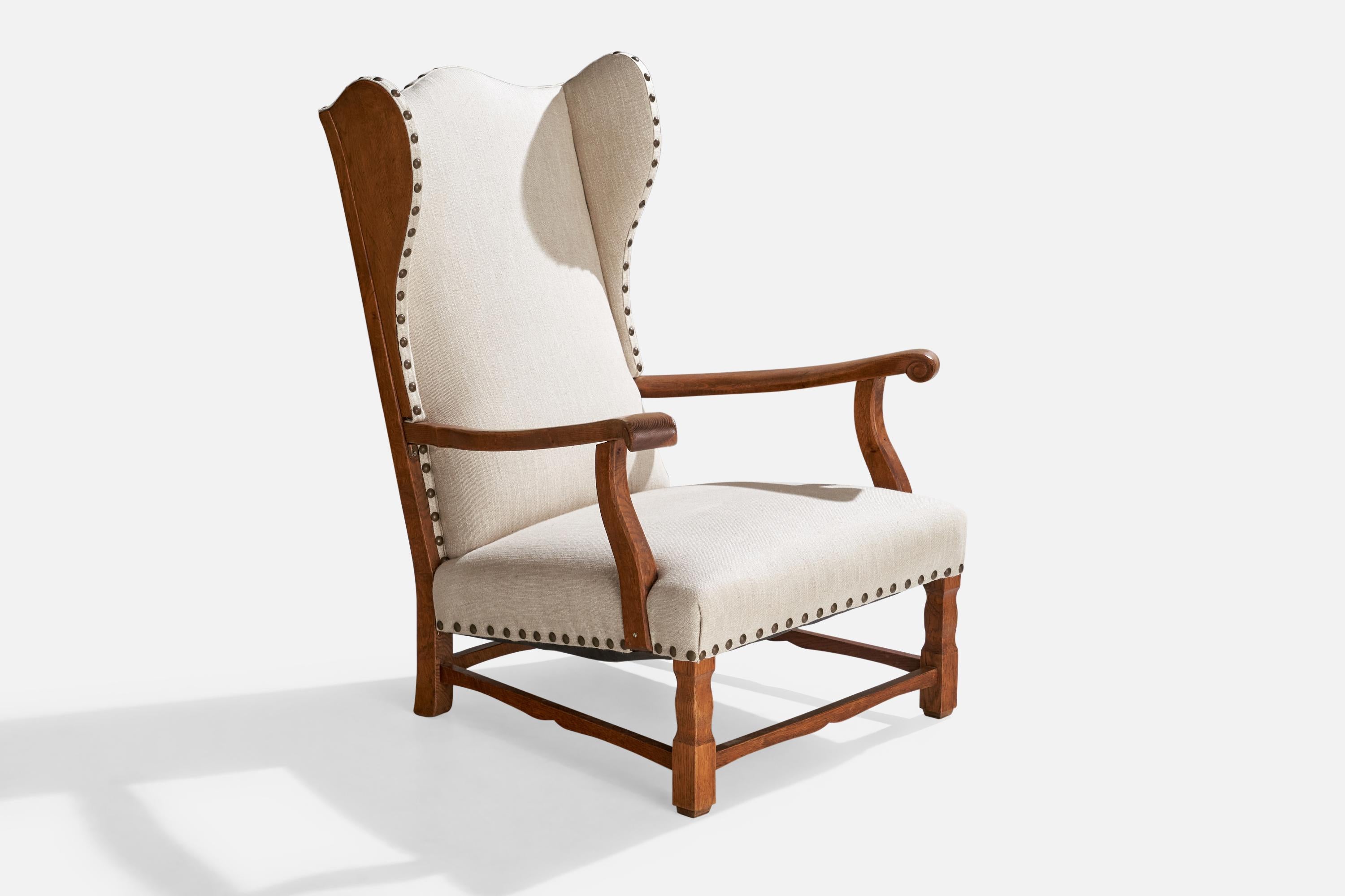 Dänische Designerin, Loungesessel, Eiche, Stoff, Messing, Dänemark, 1920er Jahre im Angebot 8