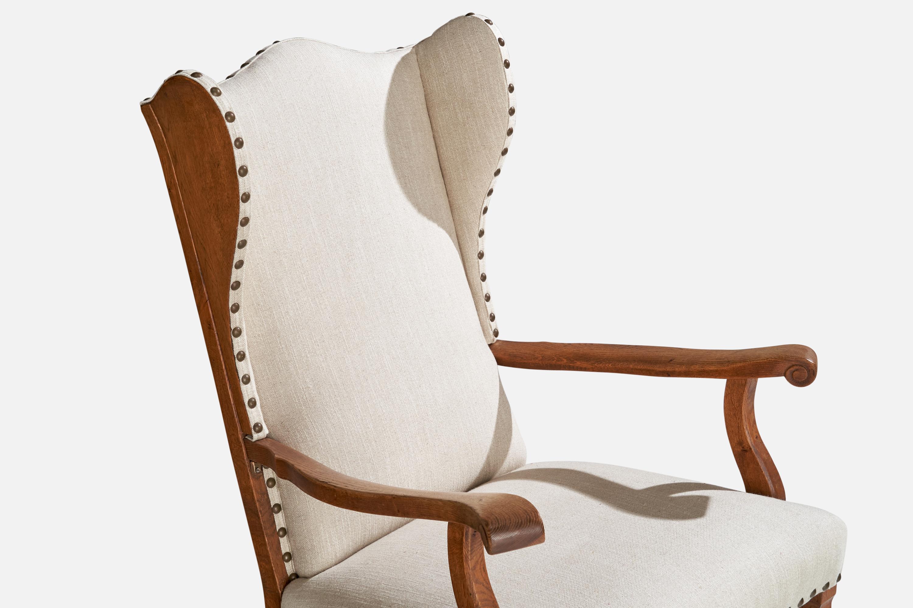 Dänische Designerin, Loungesessel, Eiche, Stoff, Messing, Dänemark, 1920er Jahre im Angebot 9