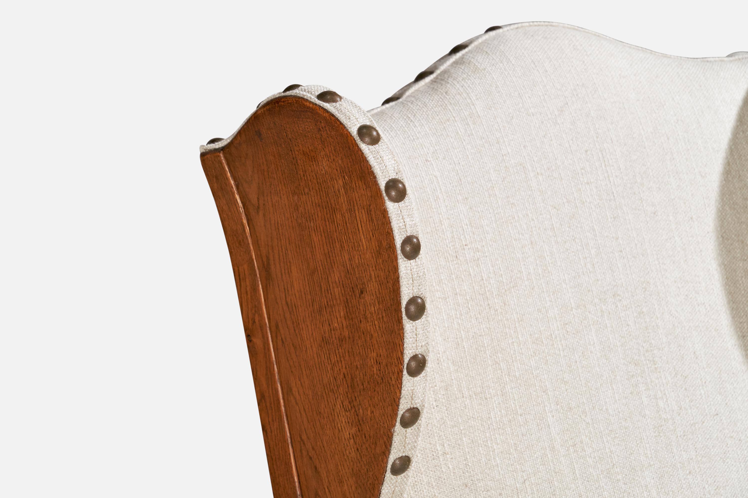 Dänische Designerin, Loungesessel, Eiche, Stoff, Messing, Dänemark, 1920er Jahre im Angebot 11