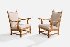Danish Designer, Lounge Chairs, Oak, Fabric, Brass, Denmark, 1920s