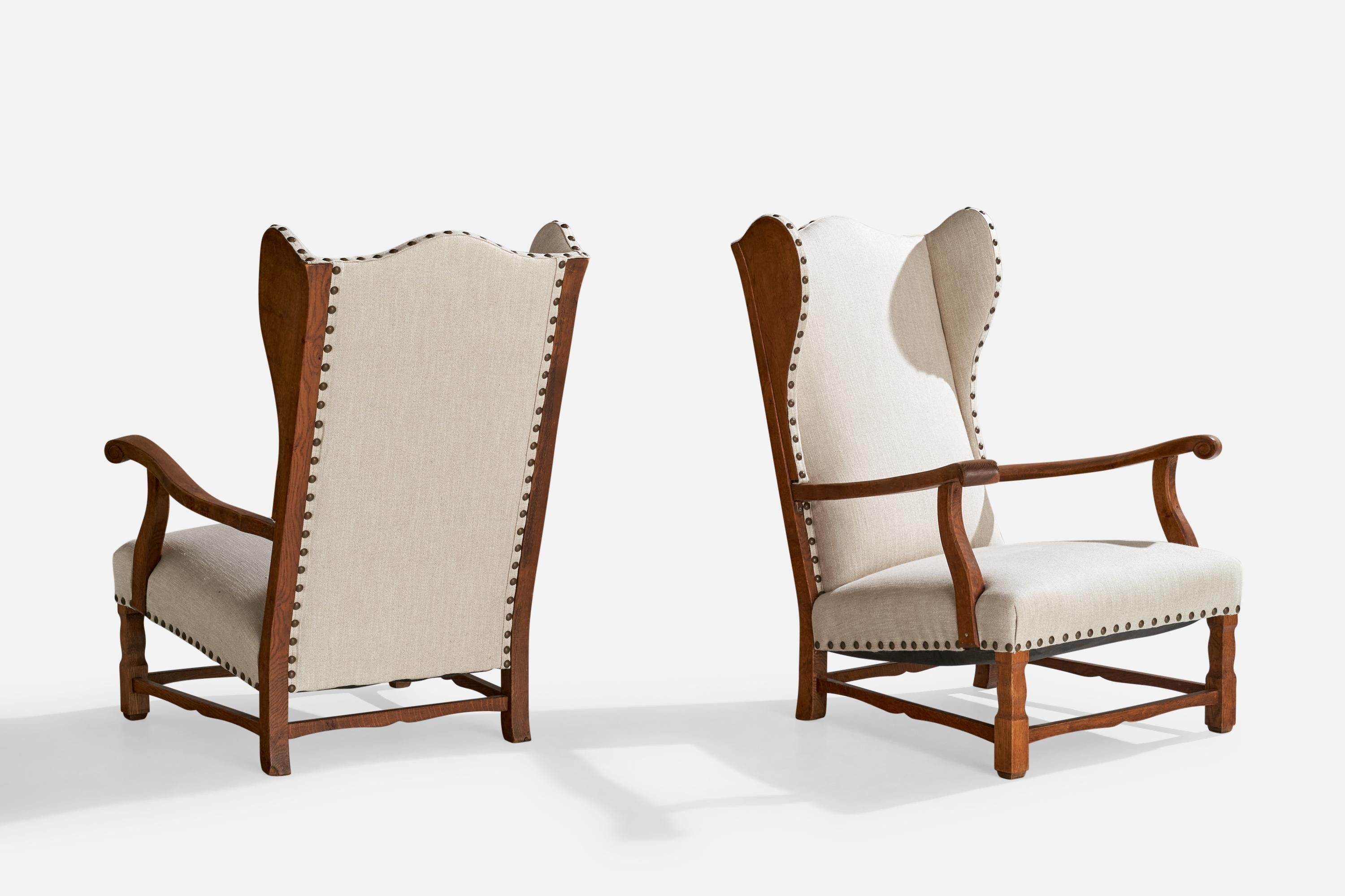 Dänische Designerin, Loungesessel, Eiche, Stoff, Messing, Dänemark, 1920er Jahre im Zustand „Gut“ im Angebot in High Point, NC