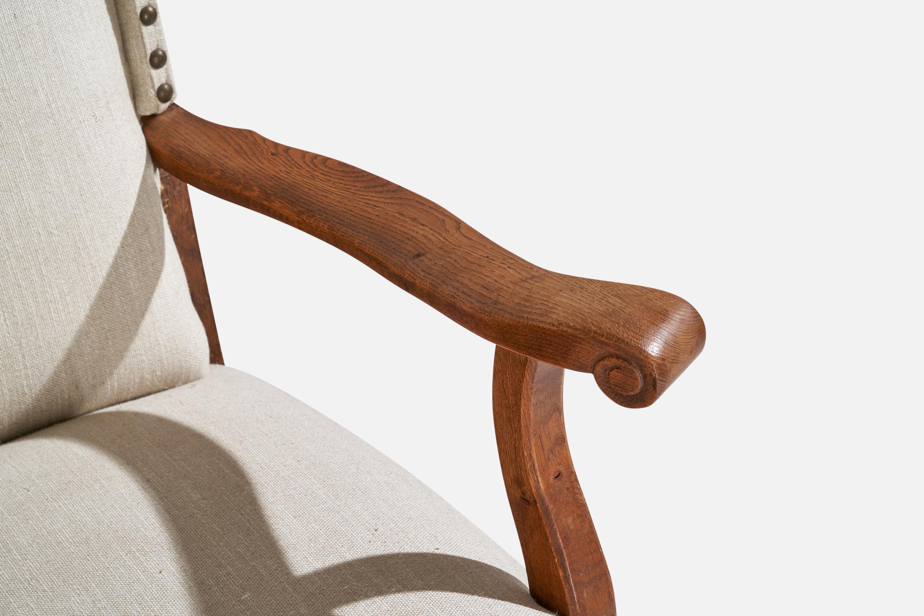 Dänische Designerin, Loungesessel, Eiche, Stoff, Messing, Dänemark, 1920er Jahre im Angebot 2