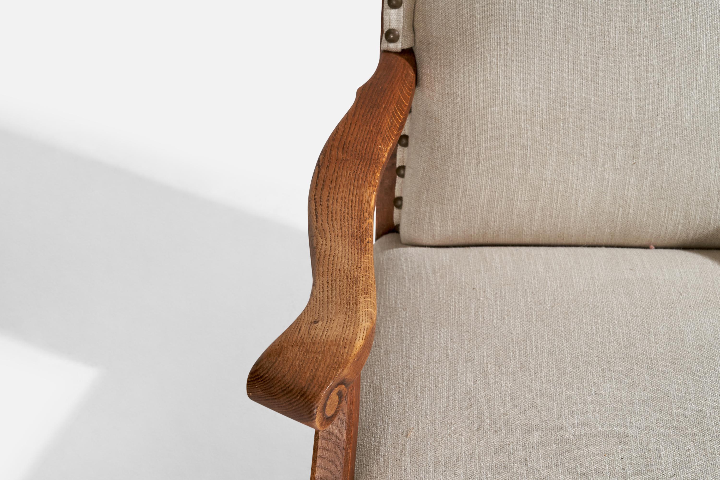 Dänische Designerin, Loungesessel, Eiche, Stoff, Messing, Dänemark, 1920er Jahre im Angebot 3