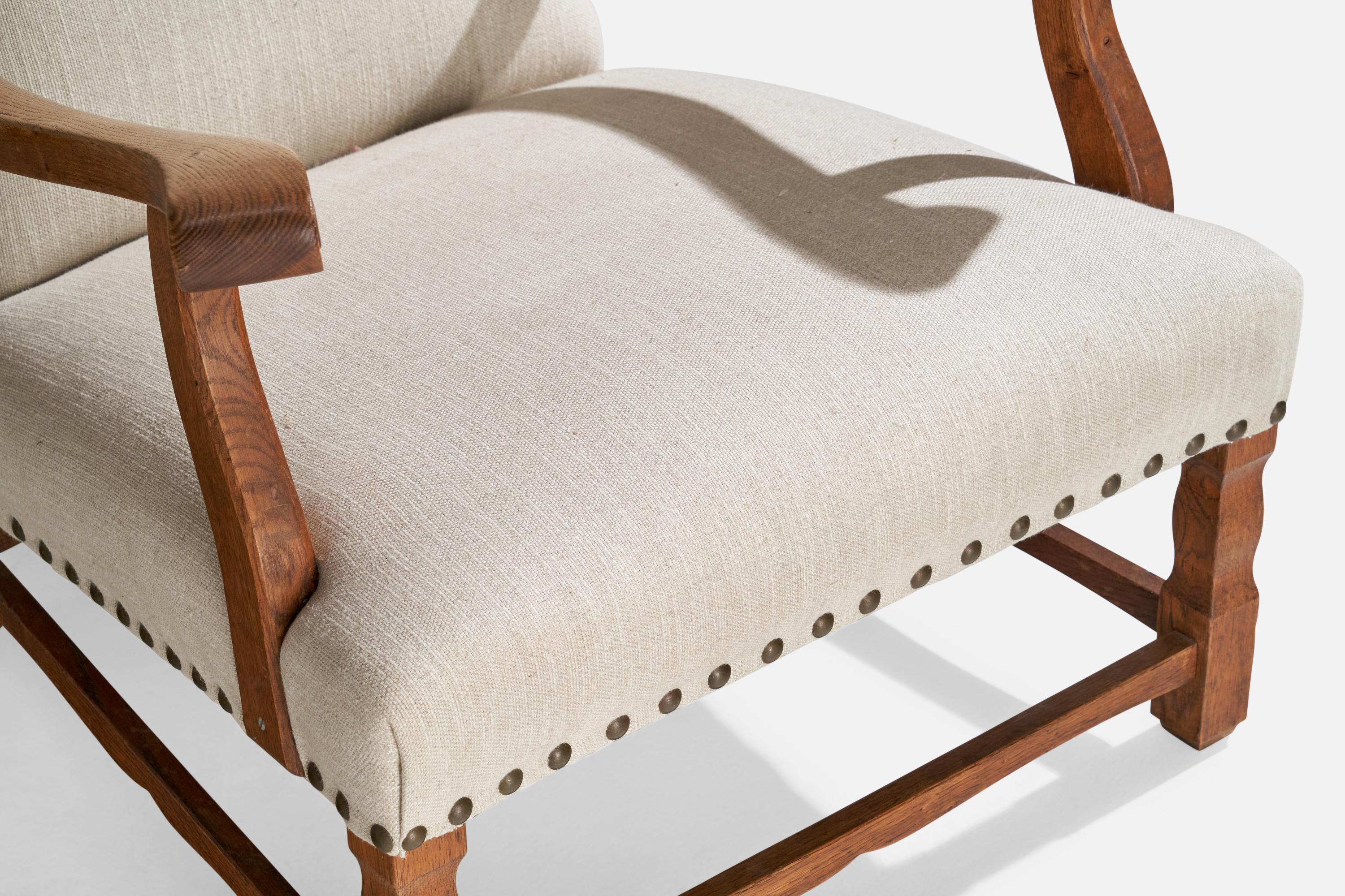 Dänische Designerin, Loungesessel, Eiche, Stoff, Messing, Dänemark, 1920er Jahre im Angebot 4