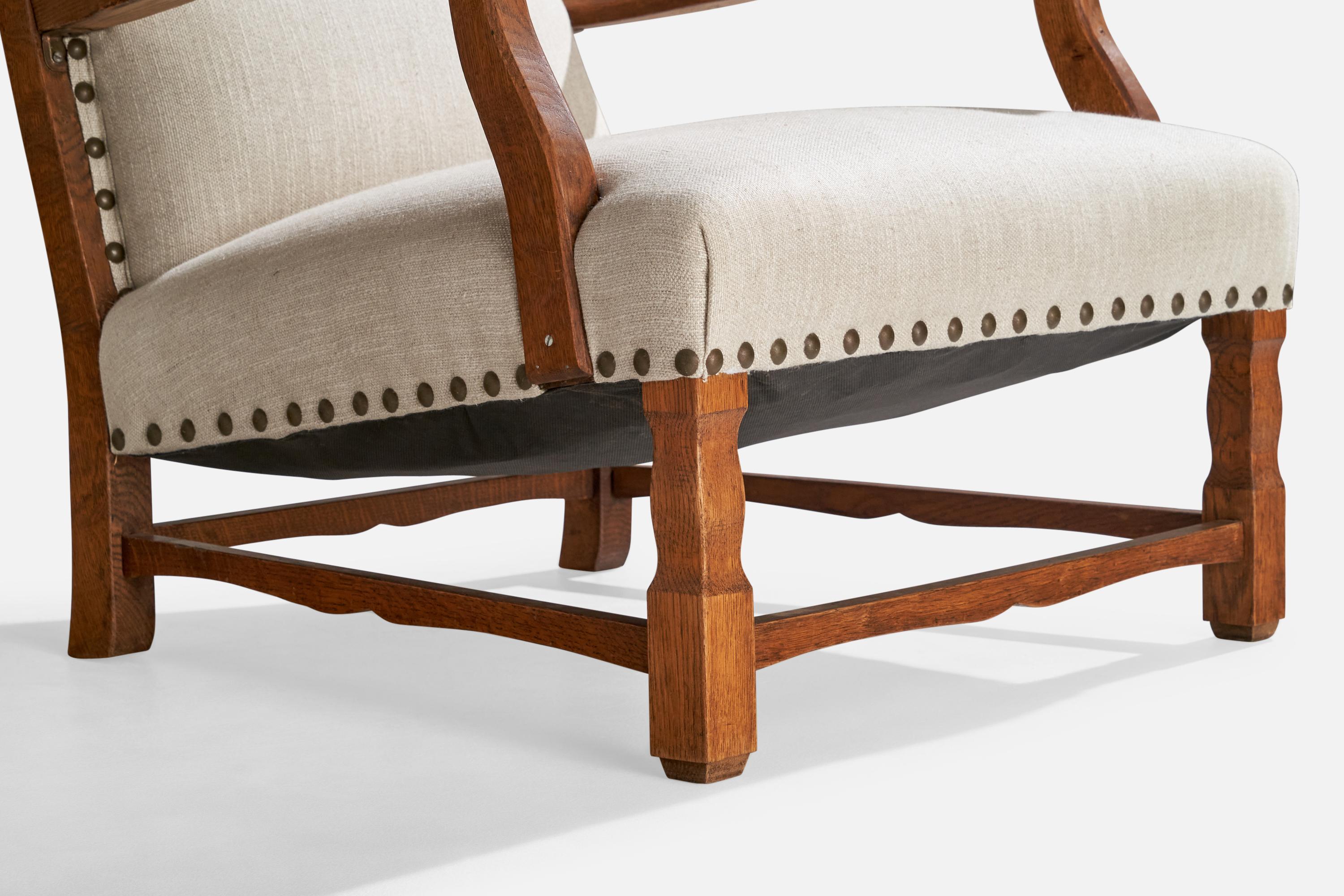 Dänische Designerin, Loungesessel, Eiche, Stoff, Messing, Dänemark, 1920er Jahre im Angebot 5