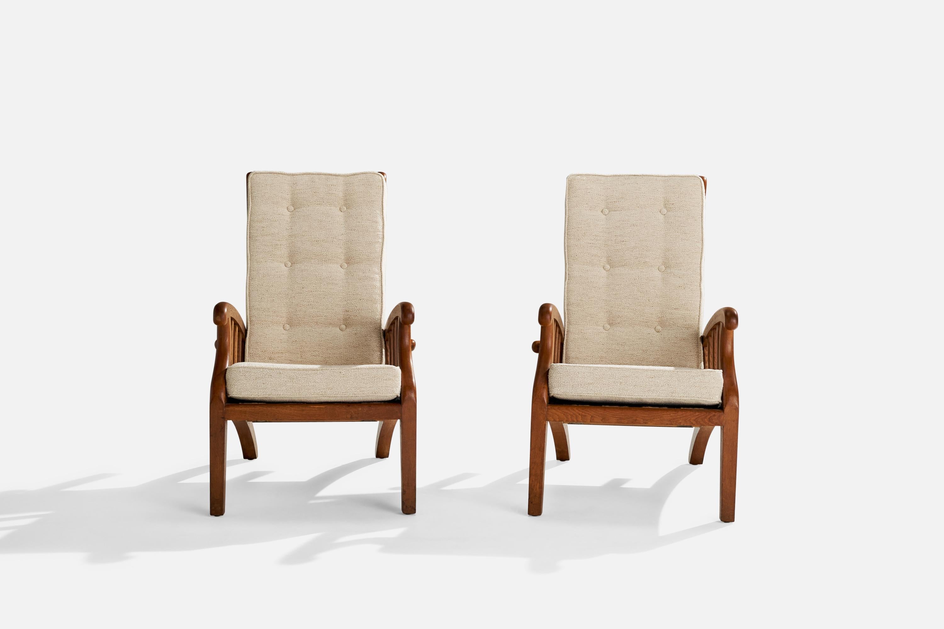 Early 20th Century Danish Designer, Lounge Chairs, Oak, Fabric, Denmark, 1920s For Sale