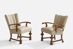 Danish Designer, Lounge Chairs, Oak, Fabric, Denmark, 1930s