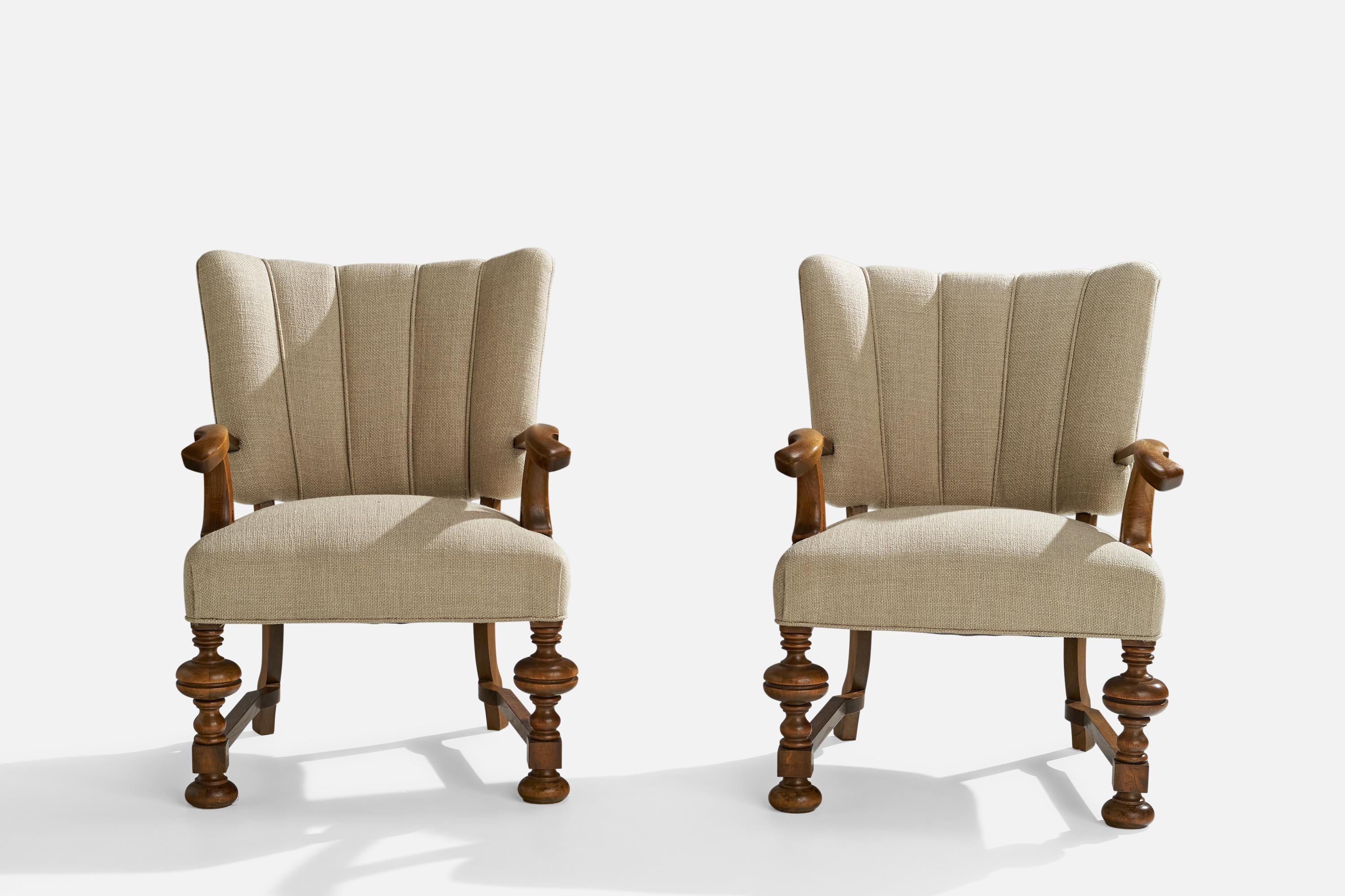 Danish Designer, Lounge Chairs, Oak, Fabric, Denmark, 1930s For Sale 1