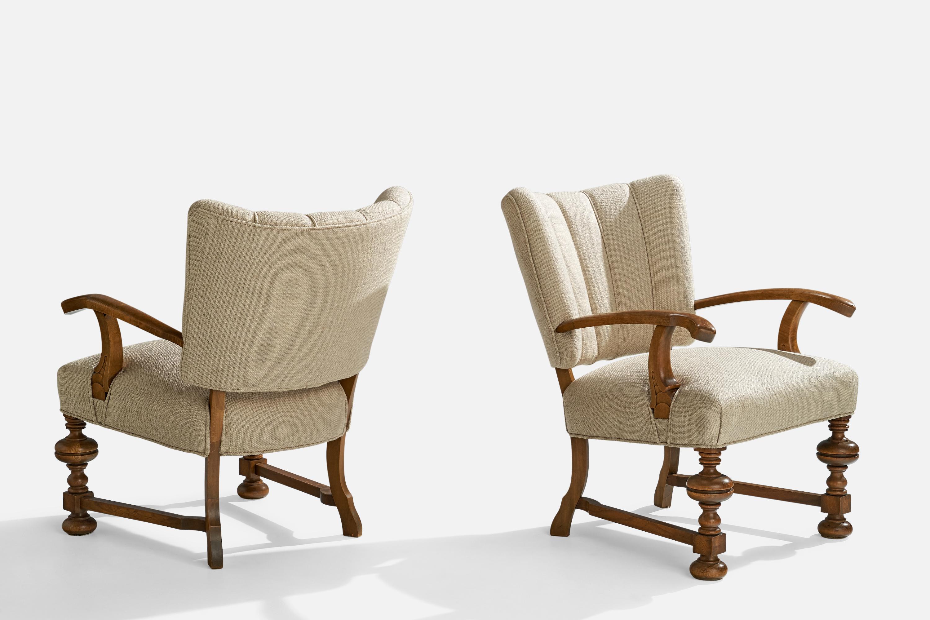 Danish Designer, Lounge Chairs, Oak, Fabric, Denmark, 1930s For Sale 2