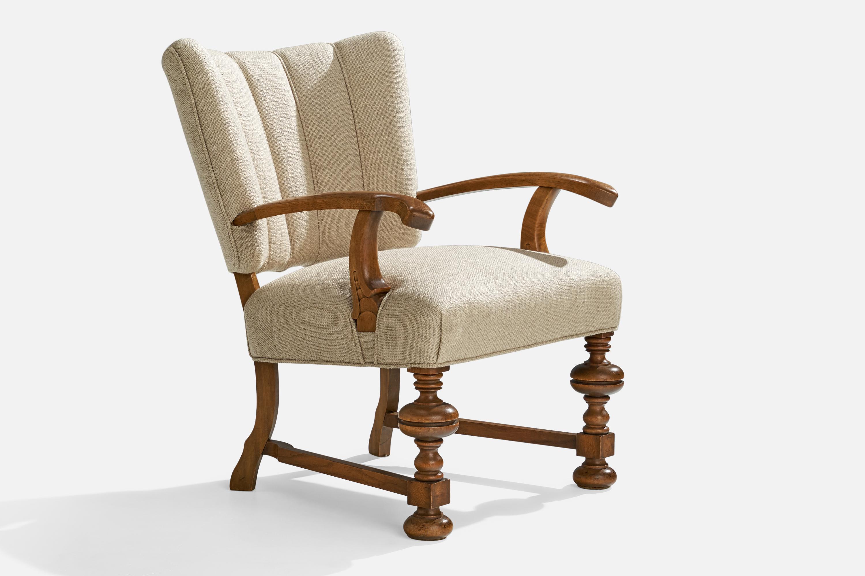 Danish Designer, Lounge Chairs, Oak, Fabric, Denmark, 1930s For Sale 3