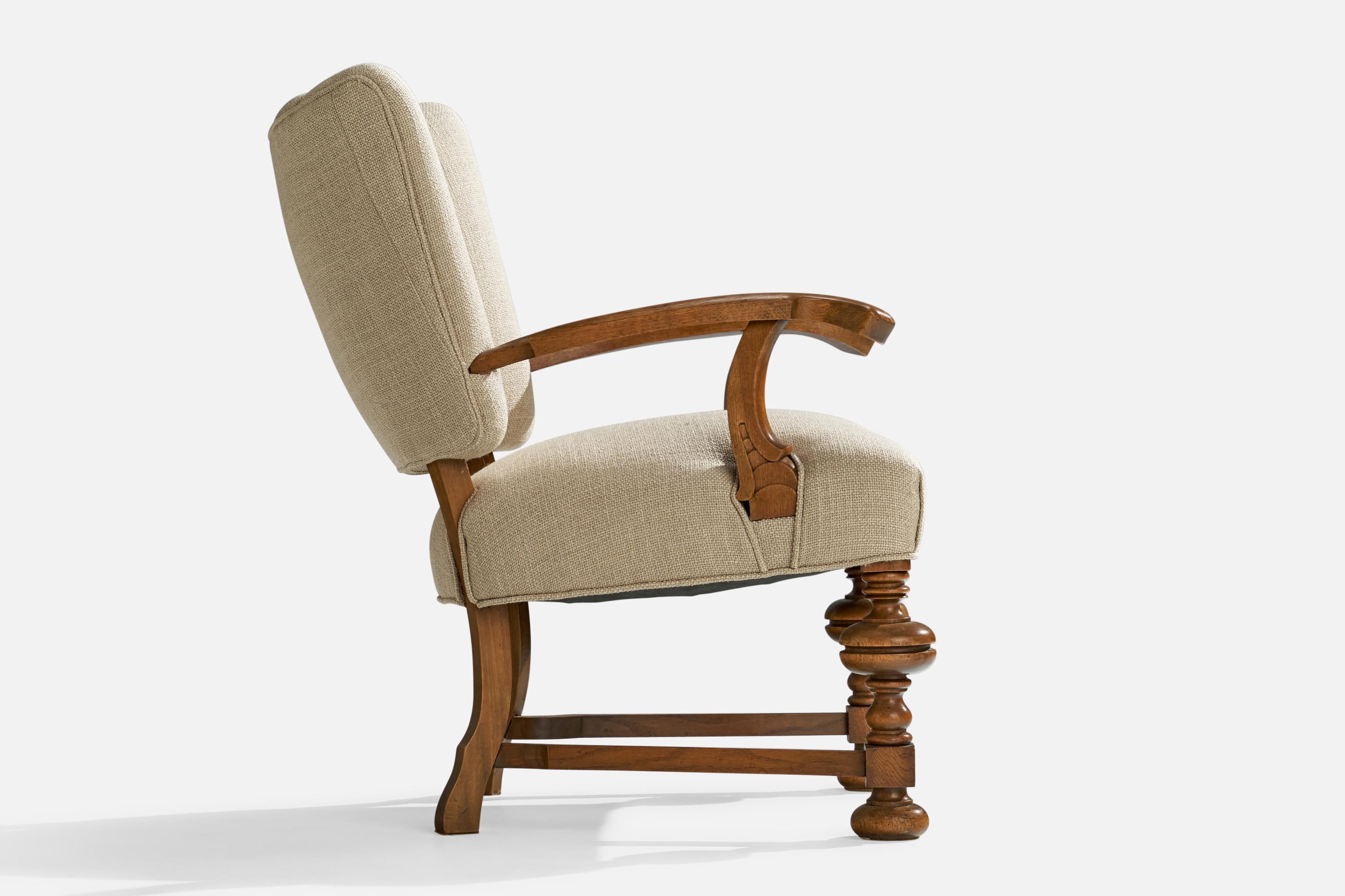 Danish Designer, Lounge Chairs, Oak, Fabric, Denmark, 1930s For Sale 4
