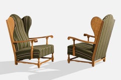 Danish Designer, Lounge Chairs, Oak, Fabric, Denmark, 1970s