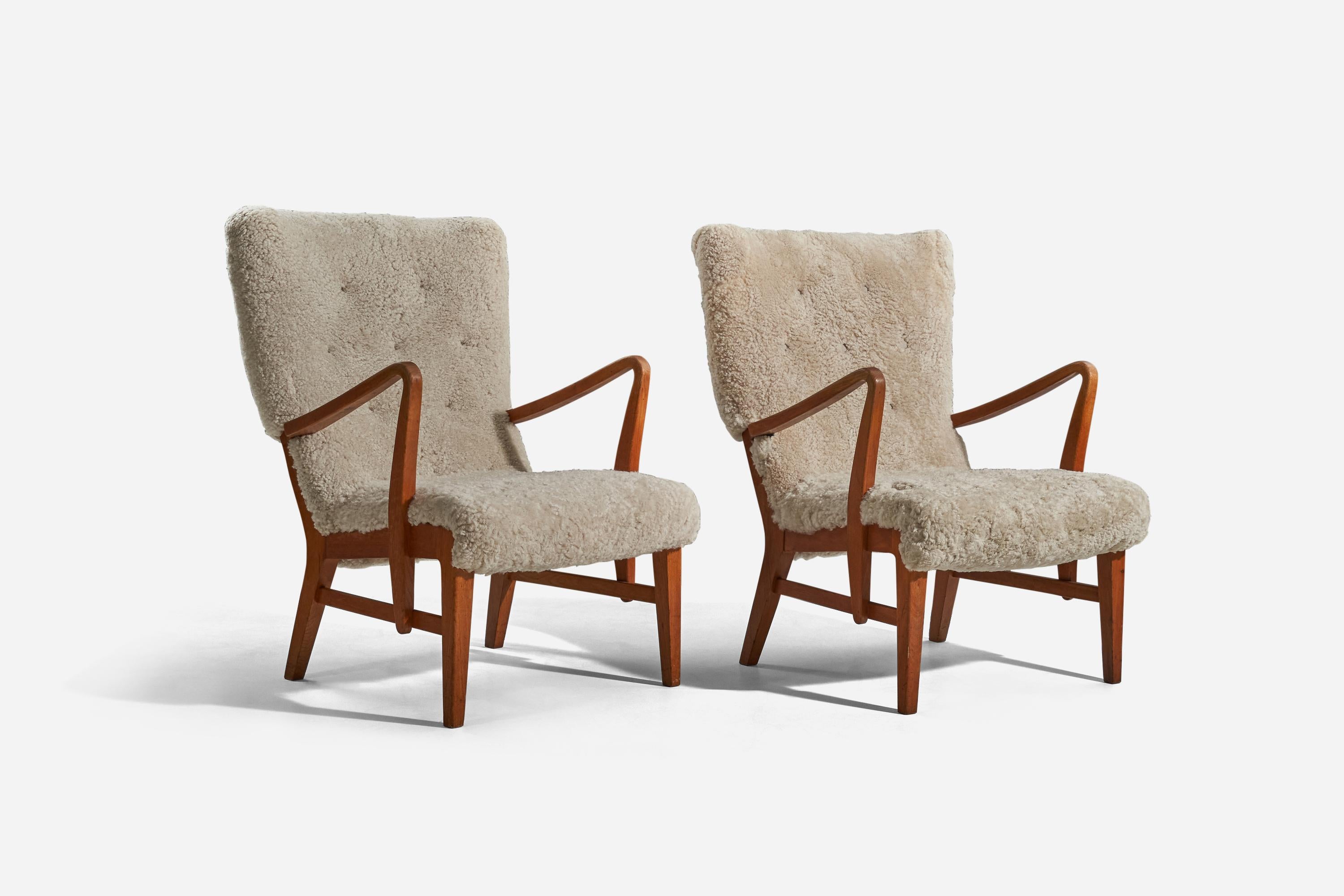 Organic Modern Danish Designer, Lounge Chairs, Shearling, Wood, Denmark, 1940s