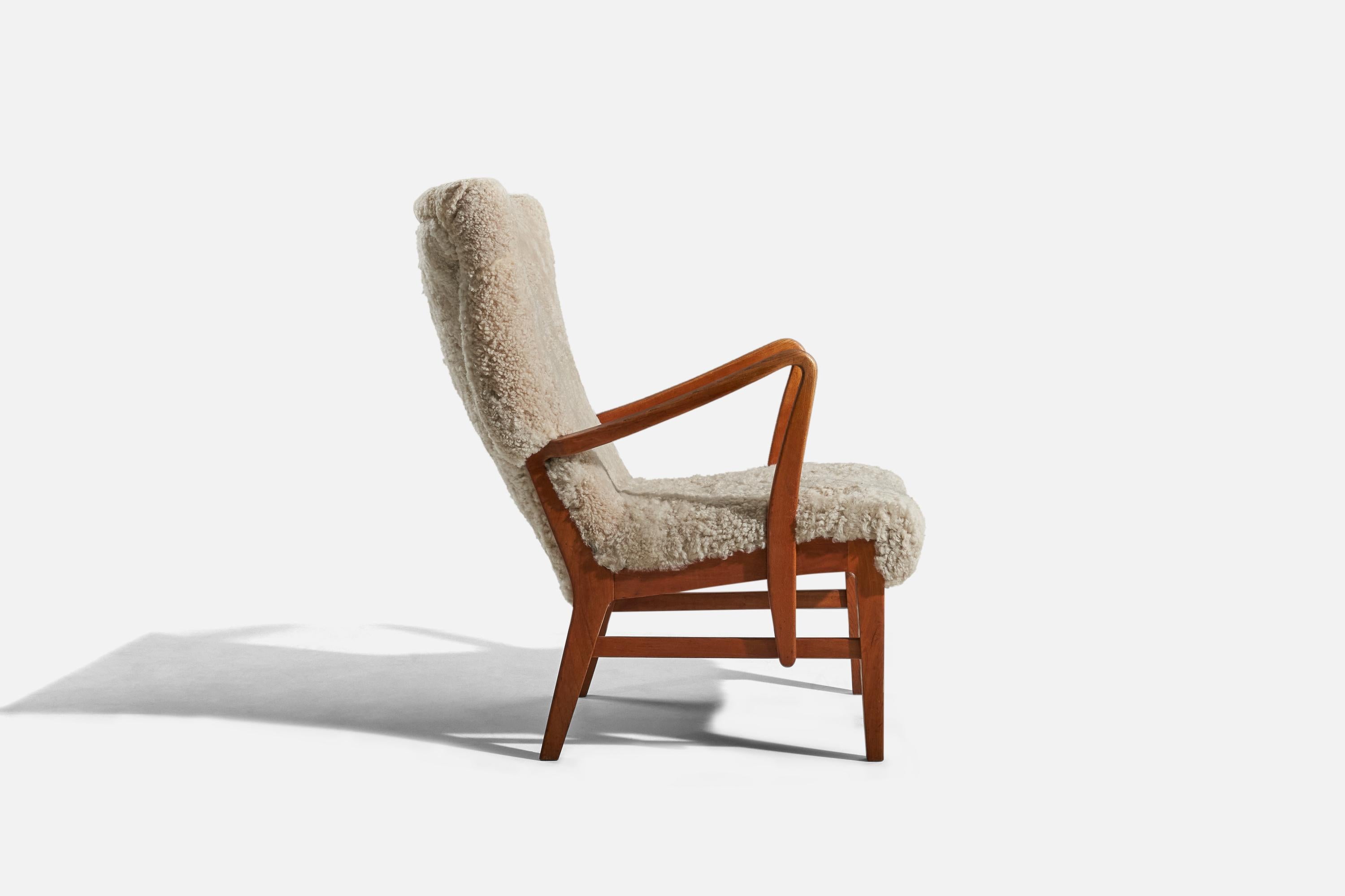 Mid-20th Century Danish Designer, Lounge Chairs, Shearling, Wood, Denmark, 1940s