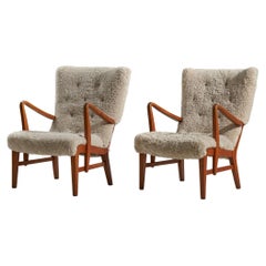 Danish Designer, Lounge Chairs, Shearling, Wood, Denmark, 1940s