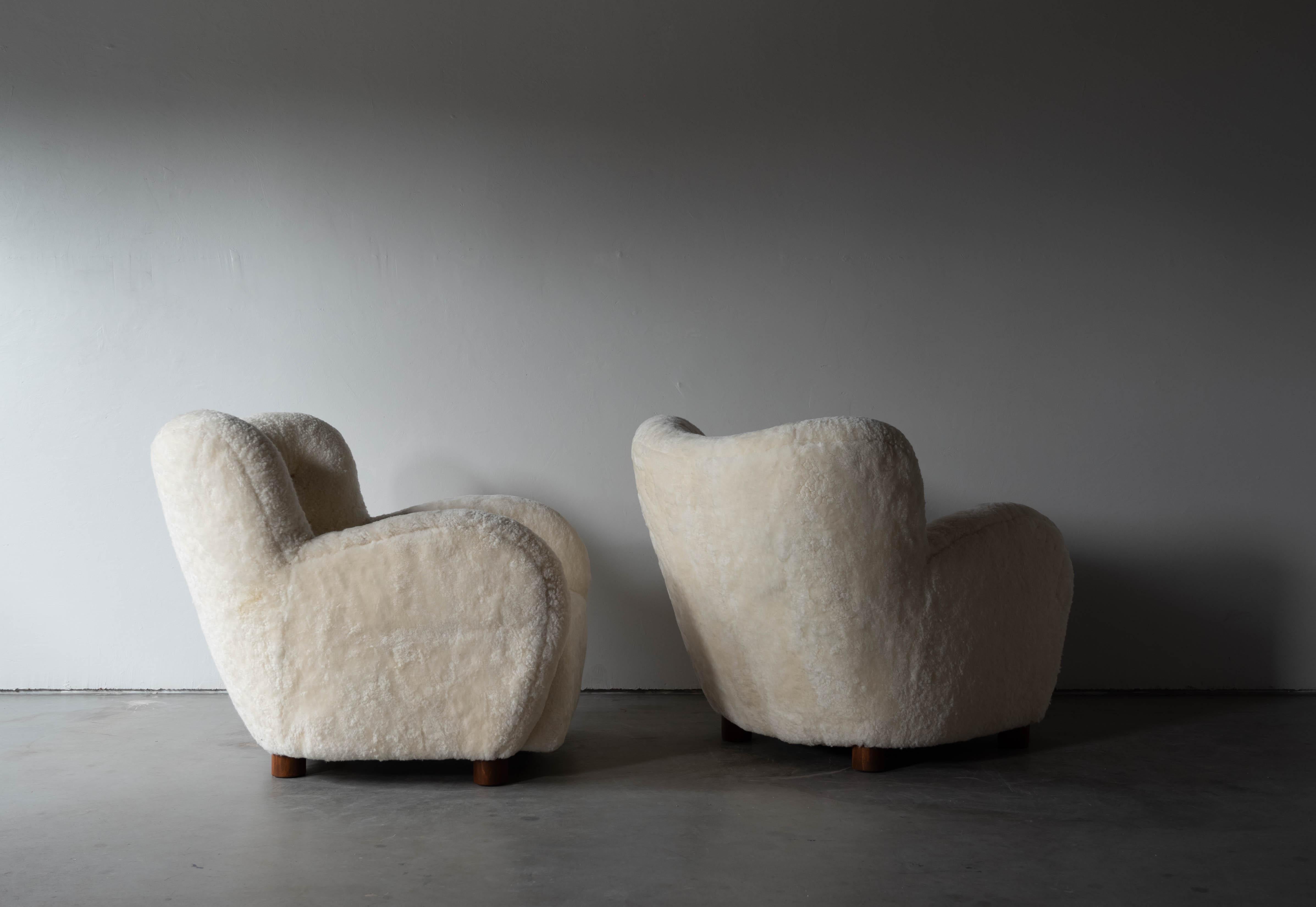 Danish Designer, Lounge Chairs, White Shearling, Wood, Denmark, 1940s 5