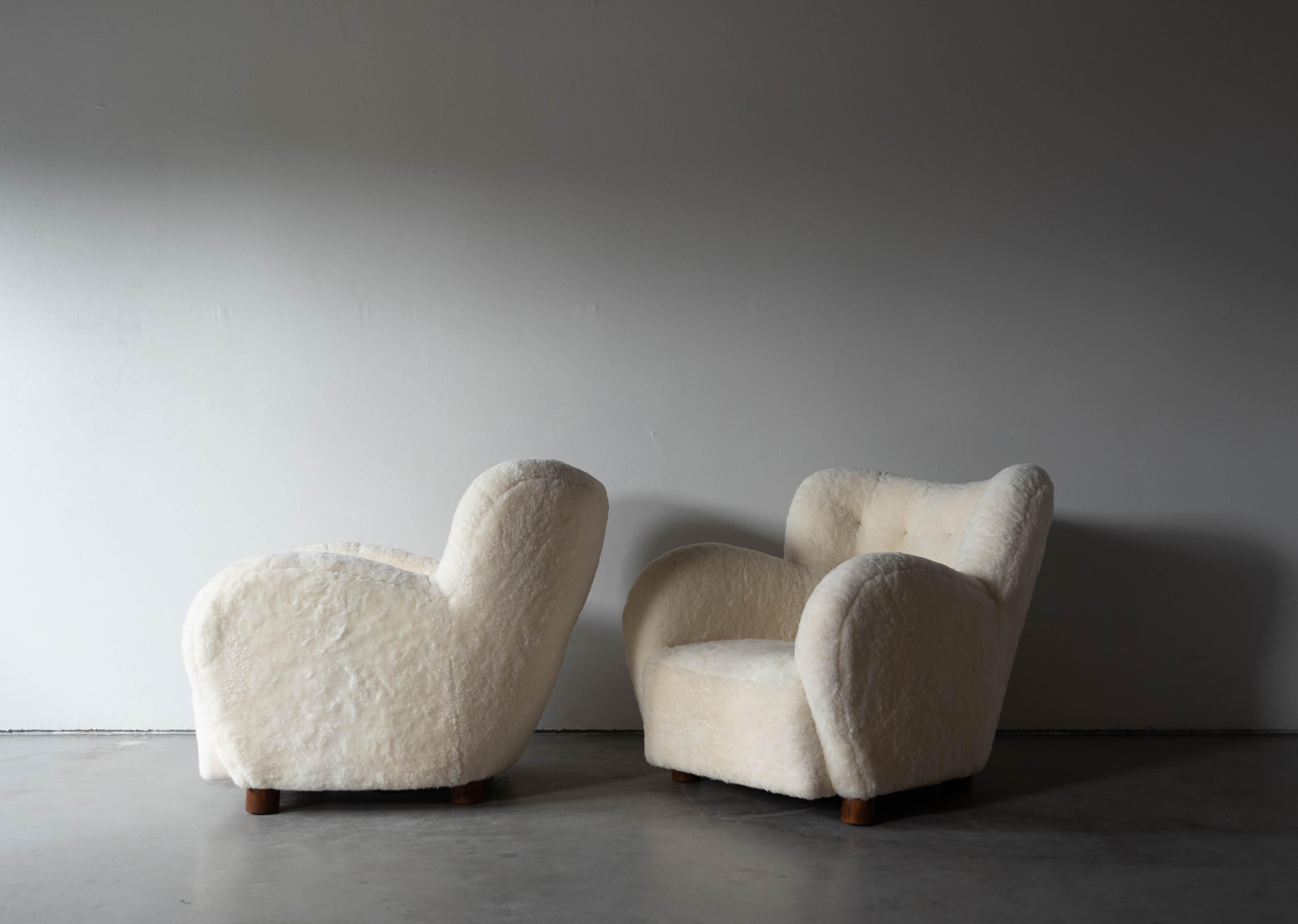 Danish Designer, Lounge Chairs, White Shearling, Wood, Denmark, 1940s 2