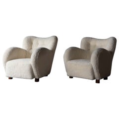 Danish Designer, Lounge Chairs, White Shearling, Wood, Denmark, 1940s