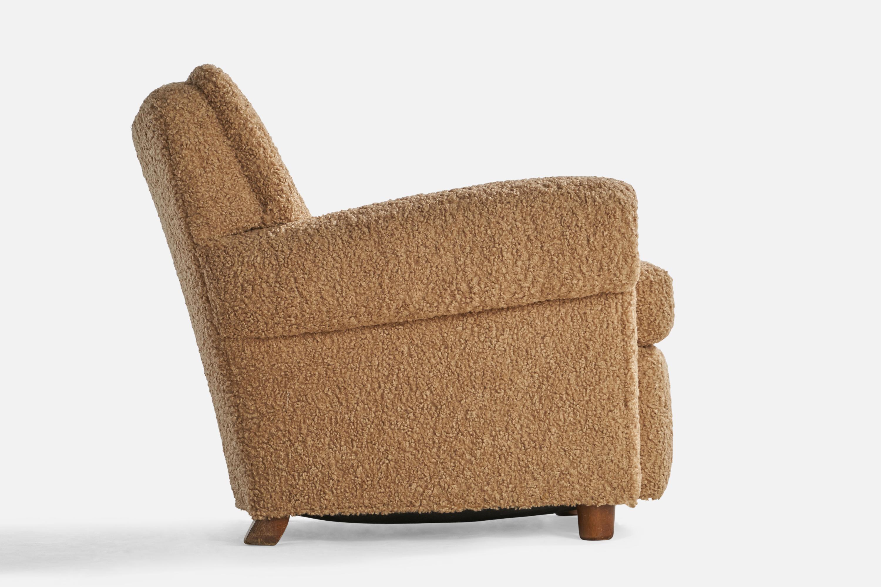 Scandinavian Modern Danish Designer, Lounge Chairs, Wood, Fabric, Denmark, 1940s For Sale
