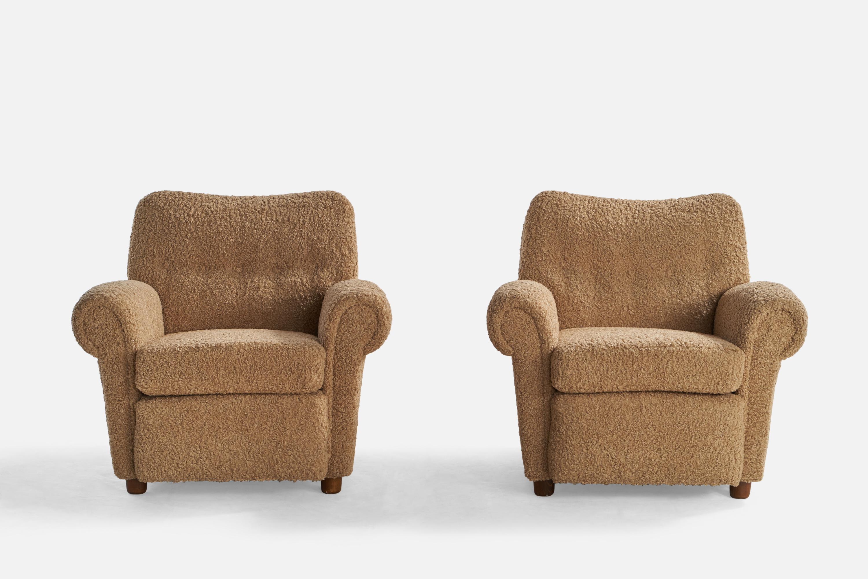 Danish Designer, Lounge Chairs, Wood, Fabric, Denmark, 1940s For Sale 1