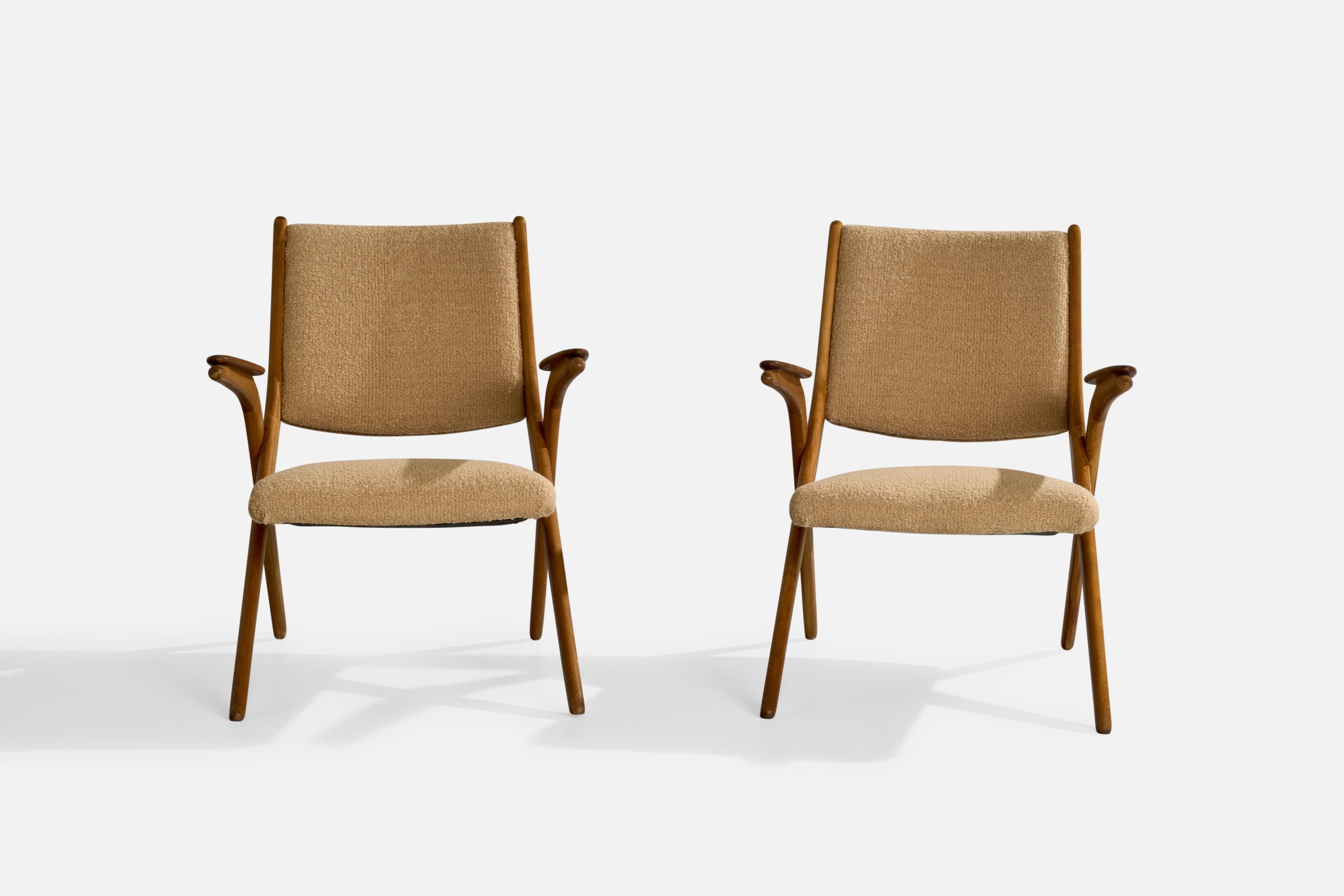 Mid-Century Modern Danish Designer, Lounge Chairs, Wood, Fabric, Denmark, 1950s For Sale
