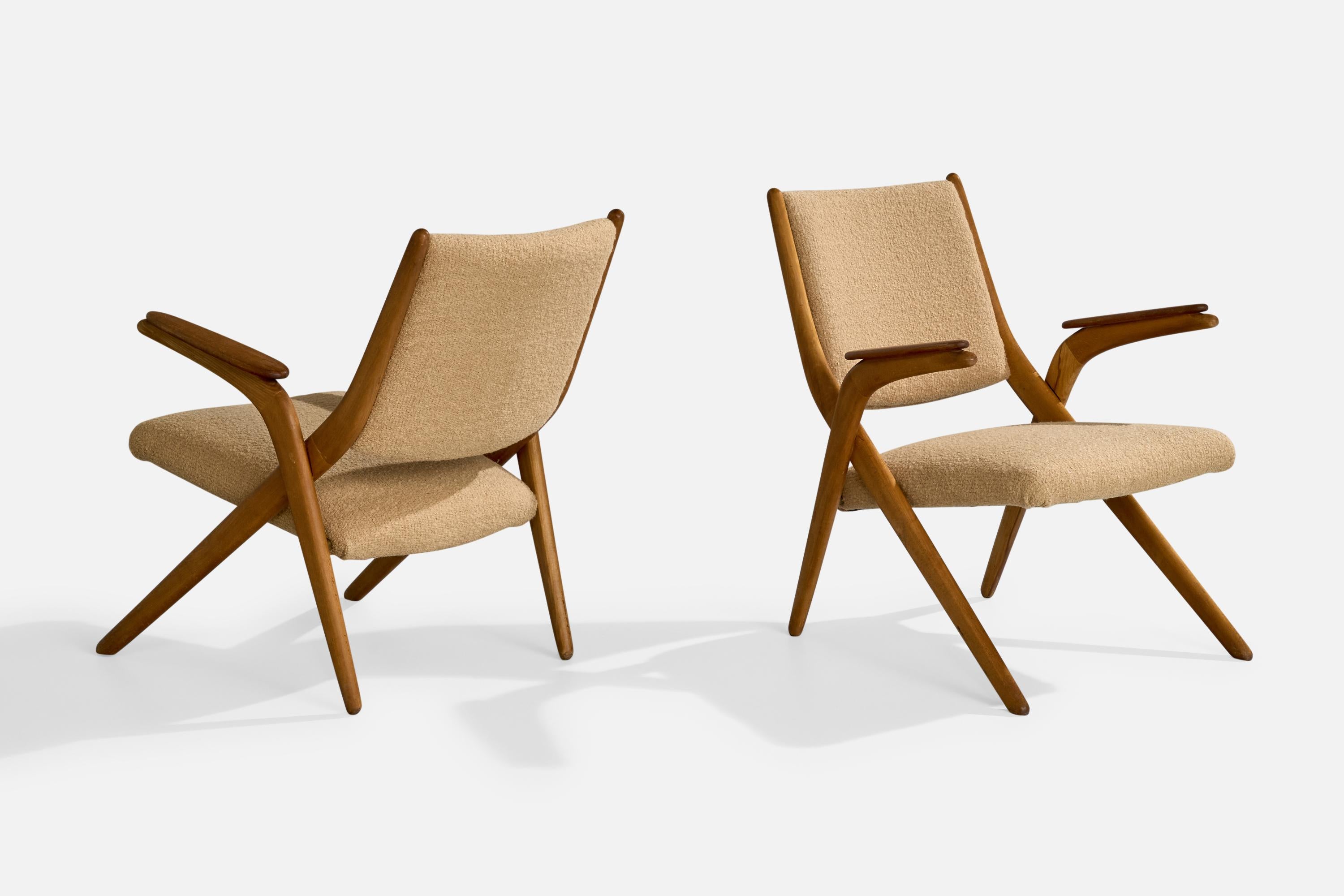 Danish Designer, Lounge Chairs, Wood, Fabric, Denmark, 1950s In Good Condition For Sale In High Point, NC
