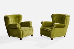 Danish Designer, Lounge Chairs, Wood, Velvet, Denmark, 1940s