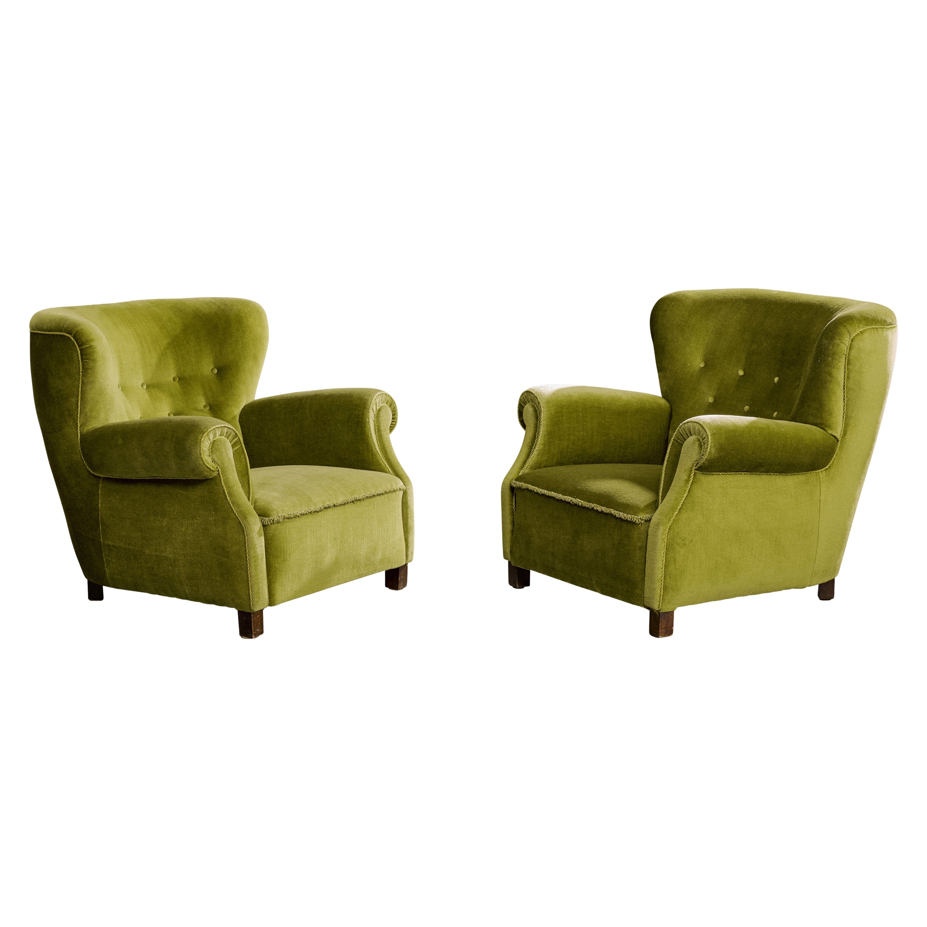 Danish Designer, Lounge Chairs, Wood, Velvet, Denmark, 1940s