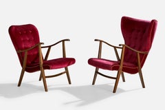 Danish Designer, Lounge Chairs, Wood, Velvet, Denmark, 1950s