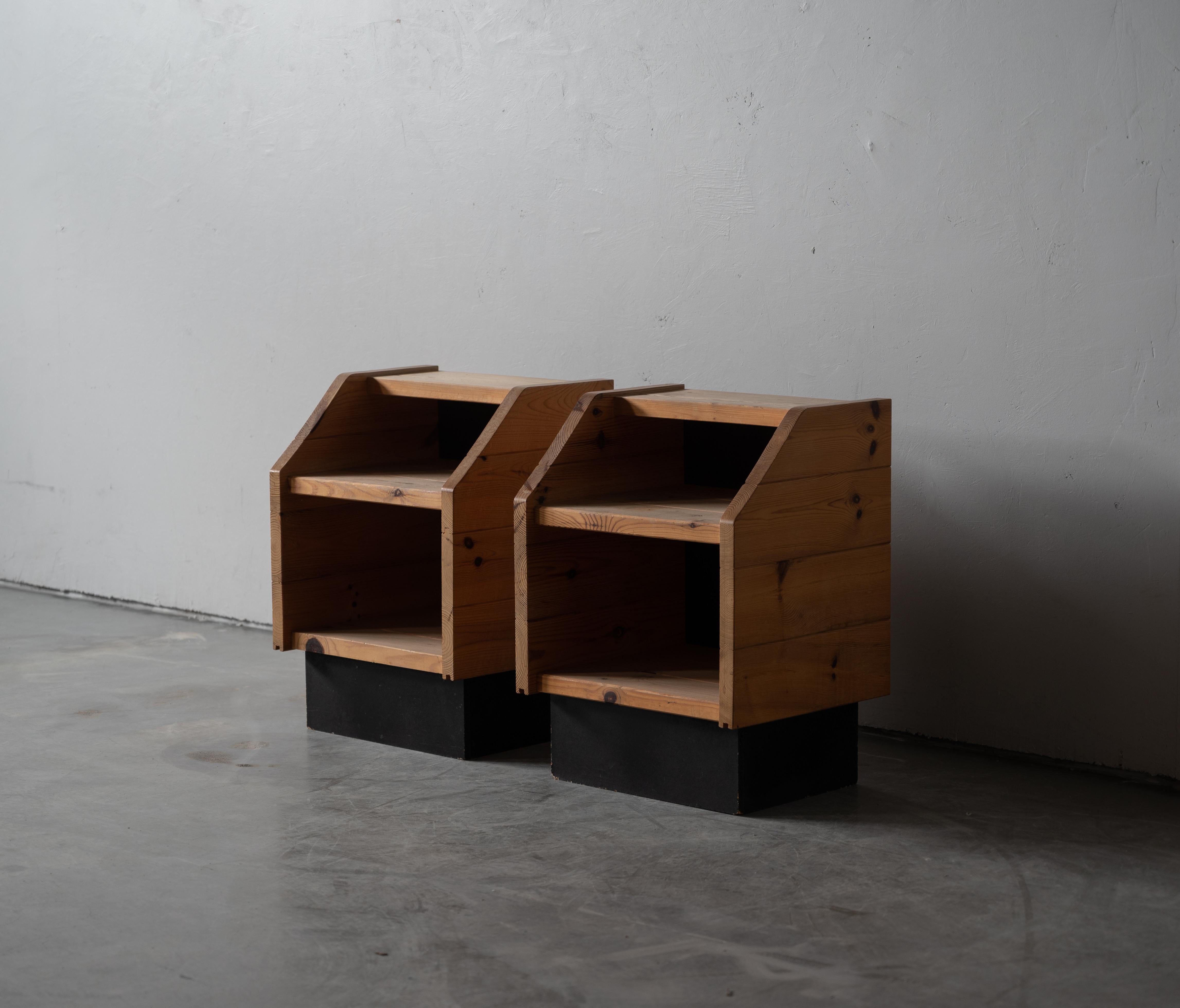 A set of bedside cabinets / tables / nightstands. Designed and produced in Denmark, 1970s. In solid pine.

Other designers working in similar style and materials include Axel Einar Hjorth, Roland Wilhelmsson, Pierre Chapo, and Charlotte Perriand.